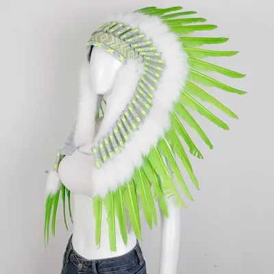 Feder-Haarschmuck, indischer Feder-Kopfschmuck, Halloween-Dekoration, Bühnenaufführung, grüner Feder-Kopfschmuck, Foto-Requisiten Image