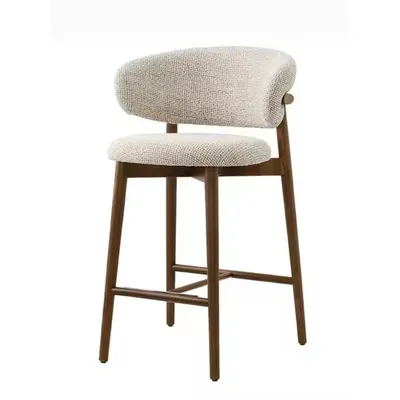 Nordic Bar Furniture Modern Solid Wood Frame High Bar Stool Withe Linen Fabric Bar Stools Chair With Curved Backrest For Kitchen