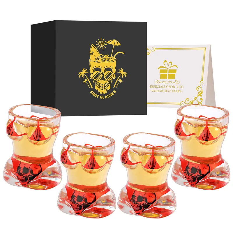 4 teile/satz Muscle Man Bikini Schädel Design Klare Schnapsgläser 30ML Wein Tasse für Halloween Küche Party Club hochzeit Geschenk Set Image