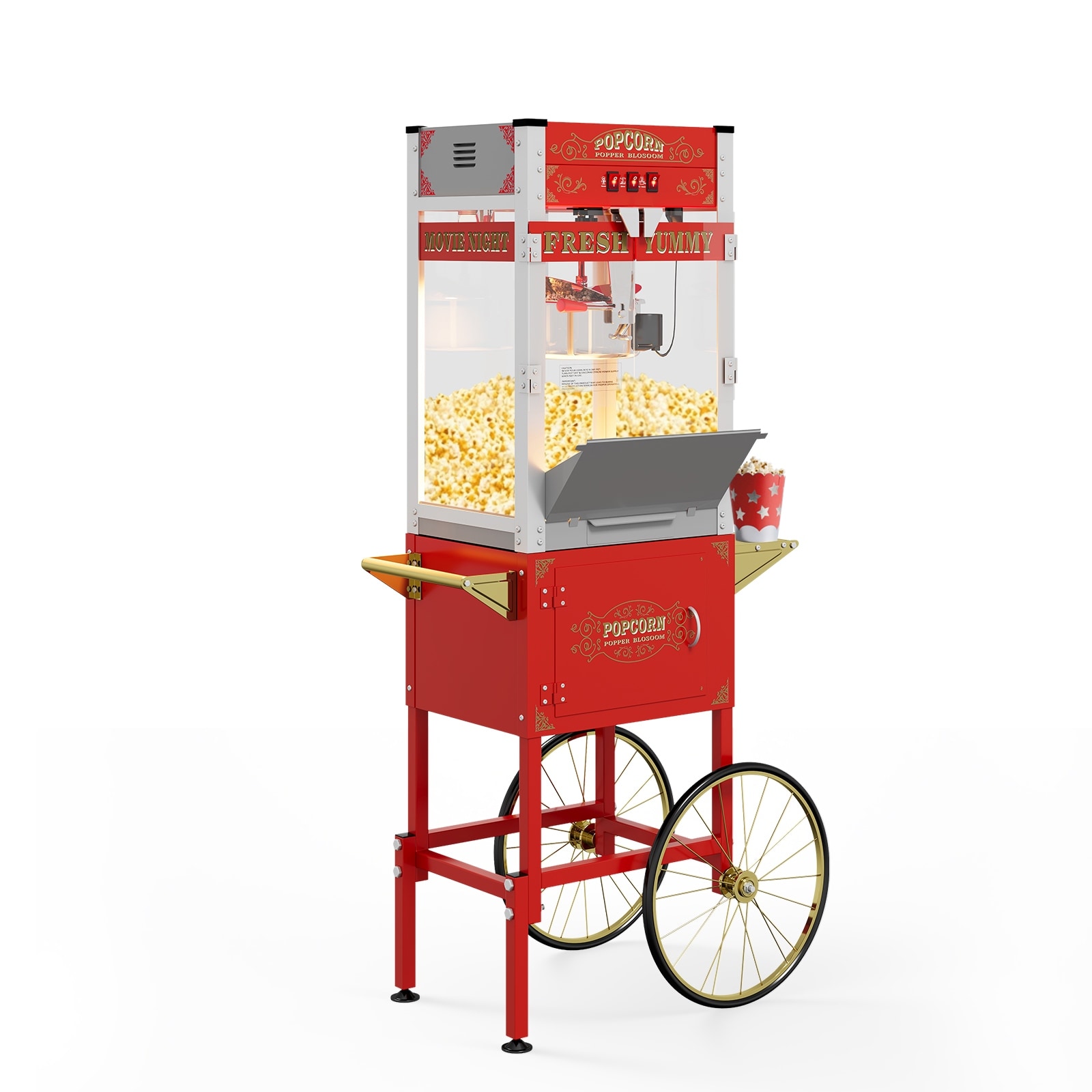 20oz Vintage Popcorn Machine Trolley with Tempered Glass and Holding Tables for Home Party Events and Supermarkets - Red/Black