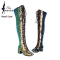 Bottes scintillantes à paillettes pour femmes, sur le genou, talons hauts épais, fermeture éclair, chaussures de piste à lacets, grande taille, cuissardes hautes, taille 46