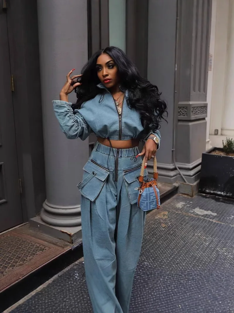 Denim 2-teiliges Set für Damen, Vintage-Stil, weites Bein, Hose, Mantel, Outfits, Reißverschlusstaschen, hohe Taille, bodenlang, Ensemble, Streetwear-Anzug Image