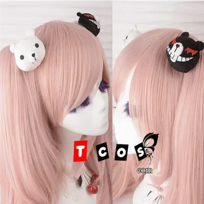 Junko Enoshima Perücke Hellrosa Haar Cosplay Perücke Danganronpa Dangan Ronpa Hitzebeständige Clip Pferdeschwanz Perücken + Bären Haarnadeln Image