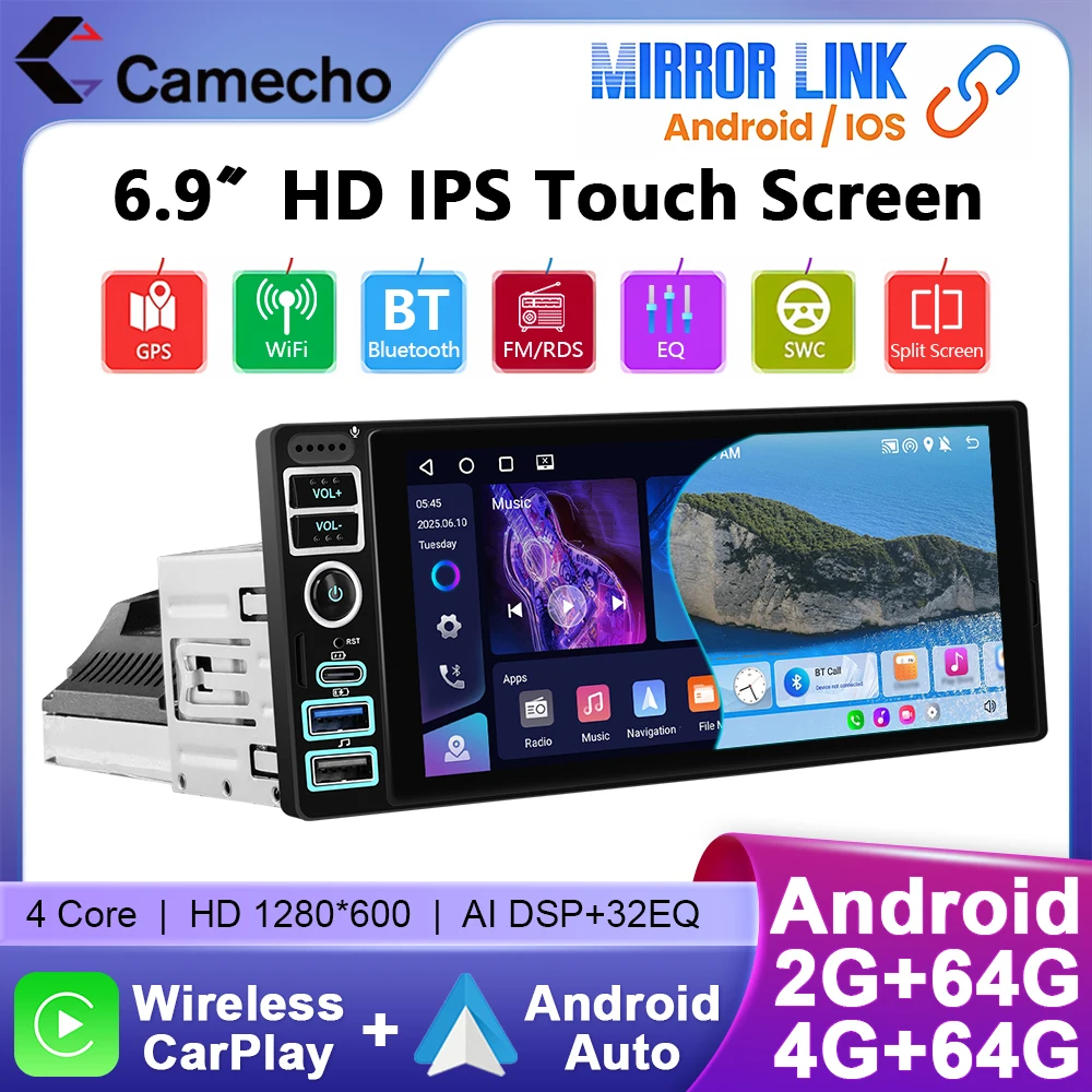 Camecho 4 + 64G 6,9'' IPS Bildschirm Auto Radio 1 Din Android Auto Stereo GPS Navigation Carplay Android Auto WIFI Typ-C 2USB Autoradio Image