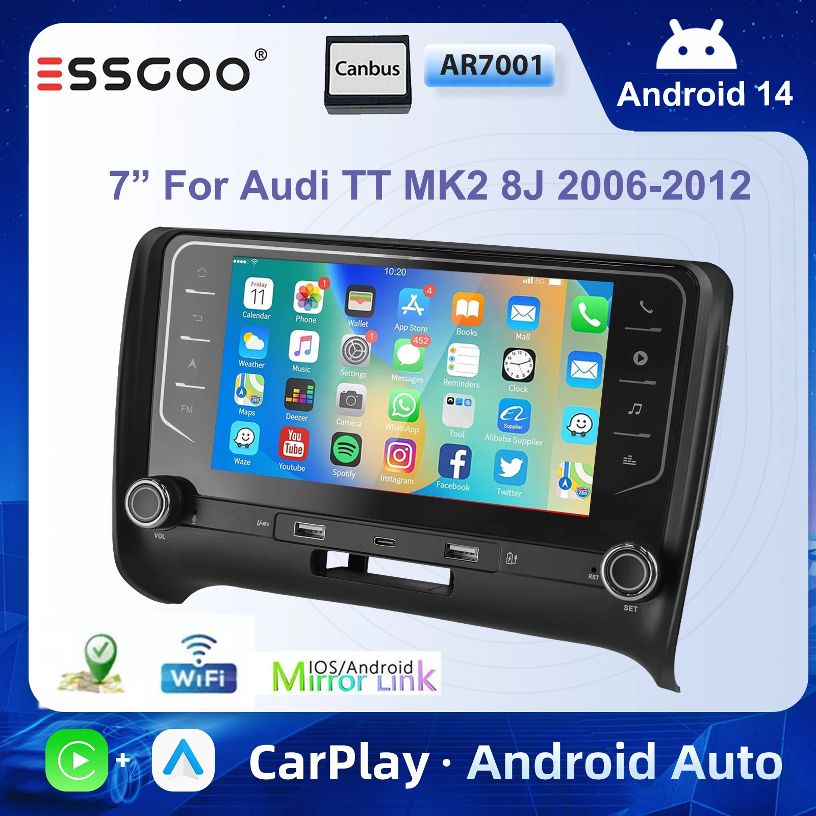 ESSGOO Autoradio 7 Zoll HD Touchscreen für Audi TT MK2 8J 2006-2012 Wireless CarPlay Android Auto Android 14 GPS Navigation WIFI SWC Bluetooth FM Mirror Link RDS Split Screen Multimedia Image