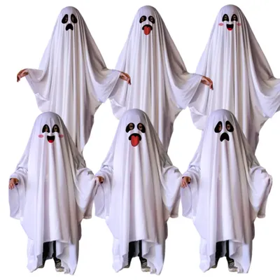 Gruseliger weißer Geister-Halloween-Umhang mit lächelndem Weinen und heraussteckenden Zungen, Unisex-Erwachsenes Kind, gruseliges Geister-Cosplay-Outfit Image