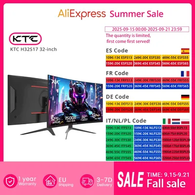 KTC H32S17 Gaming-Monitor 32 Zoll 2560 x 1440 QHD 180 Hz HVA gebogen 1500R 300 cd/m2 Helligkeit, 125 % sRGB, 1 ms (MPRT) Reaktionszeit