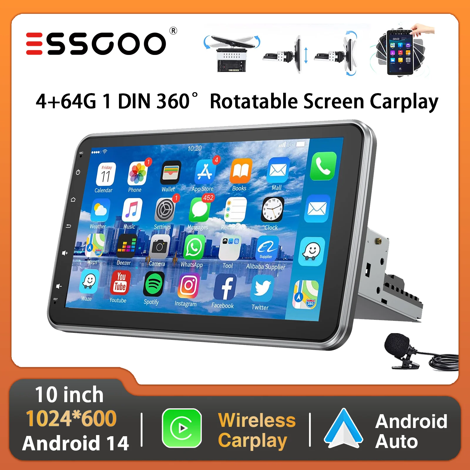 ESSGOO 10" Android 14 4+64G Autoradio 360° Drehbarer Touchscreen 1 DIN Kabelloses CarPlay Android Auto GPS Navigation Bluetooth FM RDS WiFi USB EQ SWC Mikrofon Multimedia-Videoplayer Image