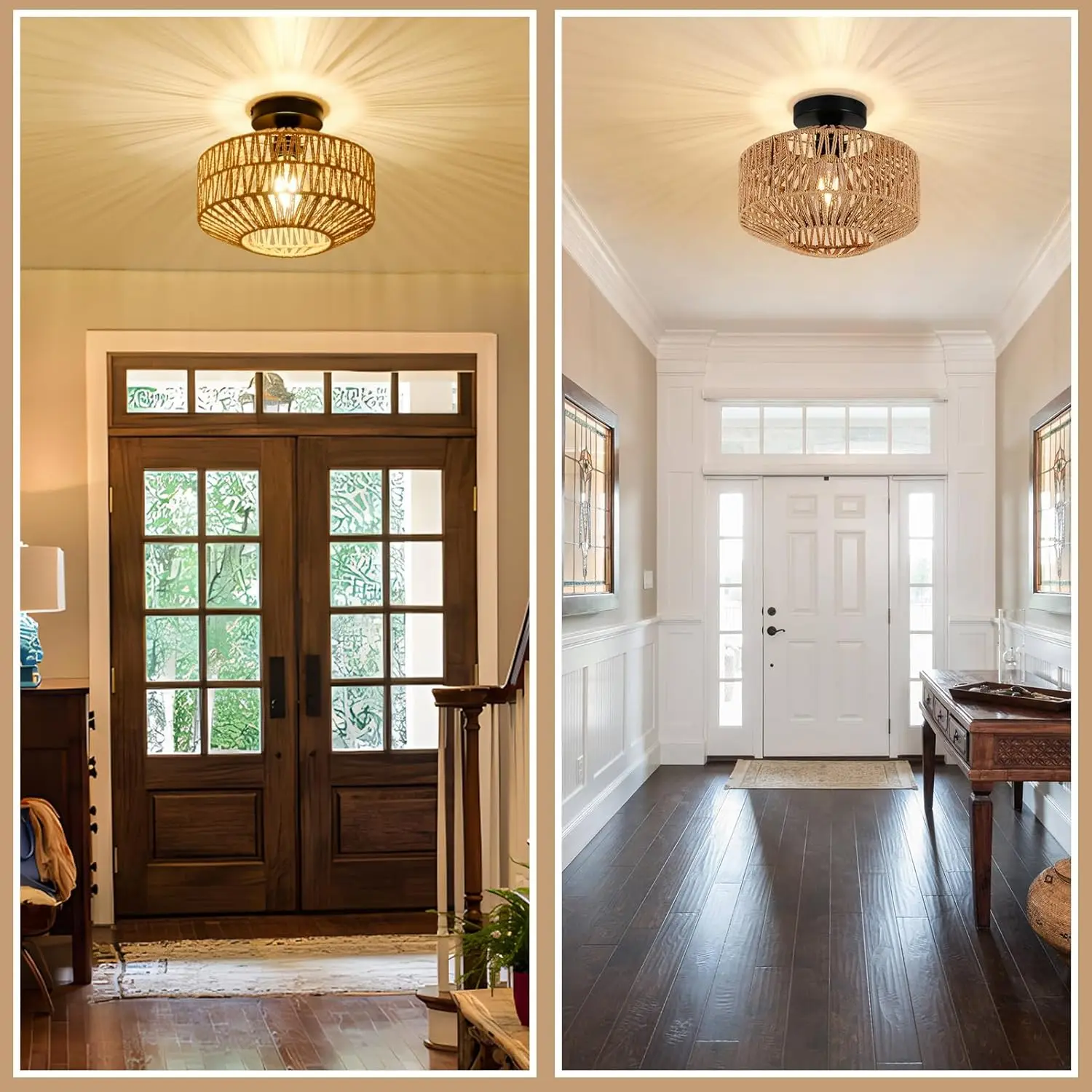 Rayofly Rattan Deckenlampe Hängende Boho Deckenlampe Rattan Lampenschirm Vintage Bambus Deckenlampe Rustikale Rattan Deckenlampe