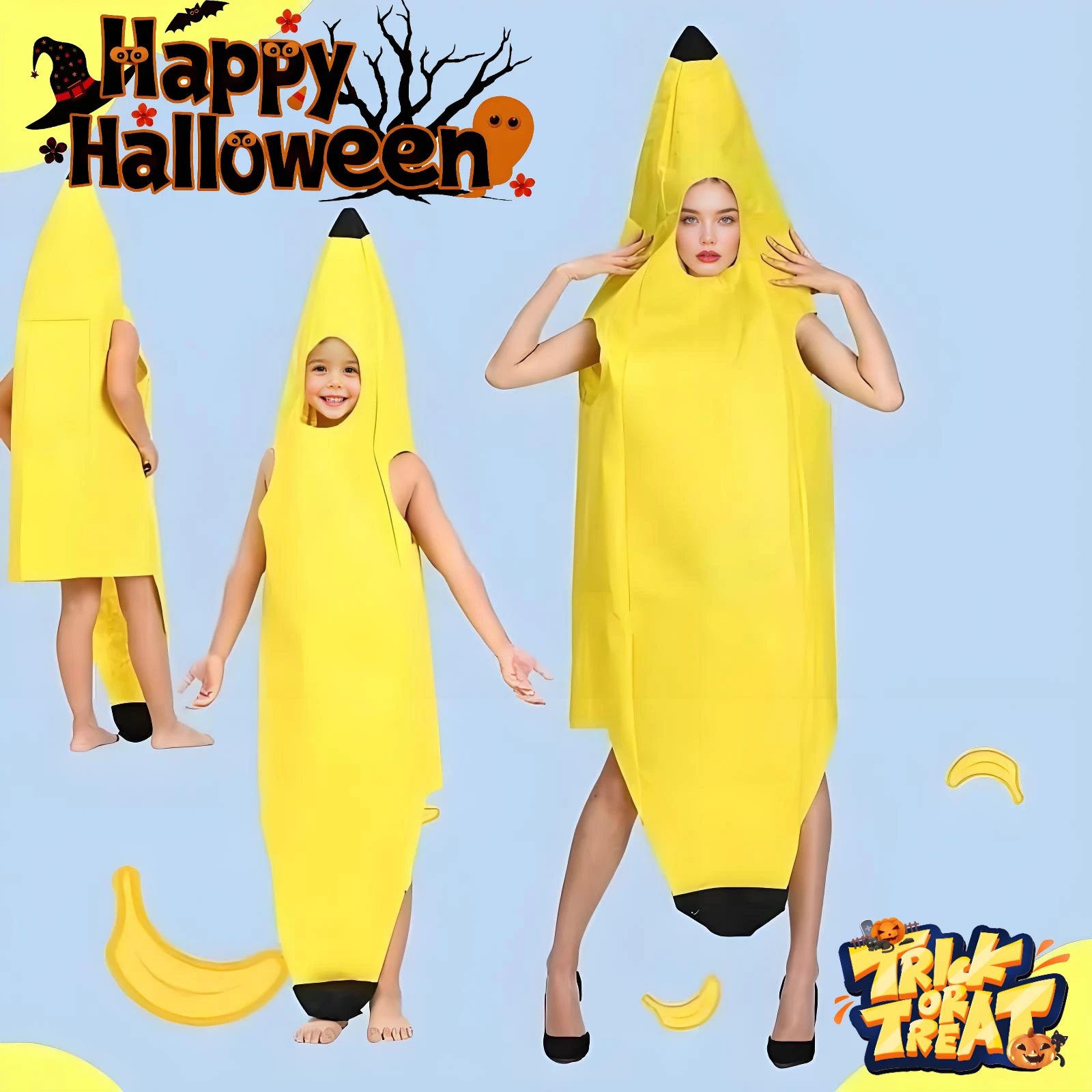 Halloween-Bananengruppenkostüm, lustiges Kostüm für Erwachsene und Kinder, passendes Familienparty-Thema, Cosplay-Outfit-Zubehör Image