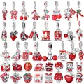 Perline di fascino rosso originale in argento sterling 925 con ciondolo con manubri per peperoncino vino rosso per le donne, adatto per braccialetti fai da te, regalo di gioielli di compleanno