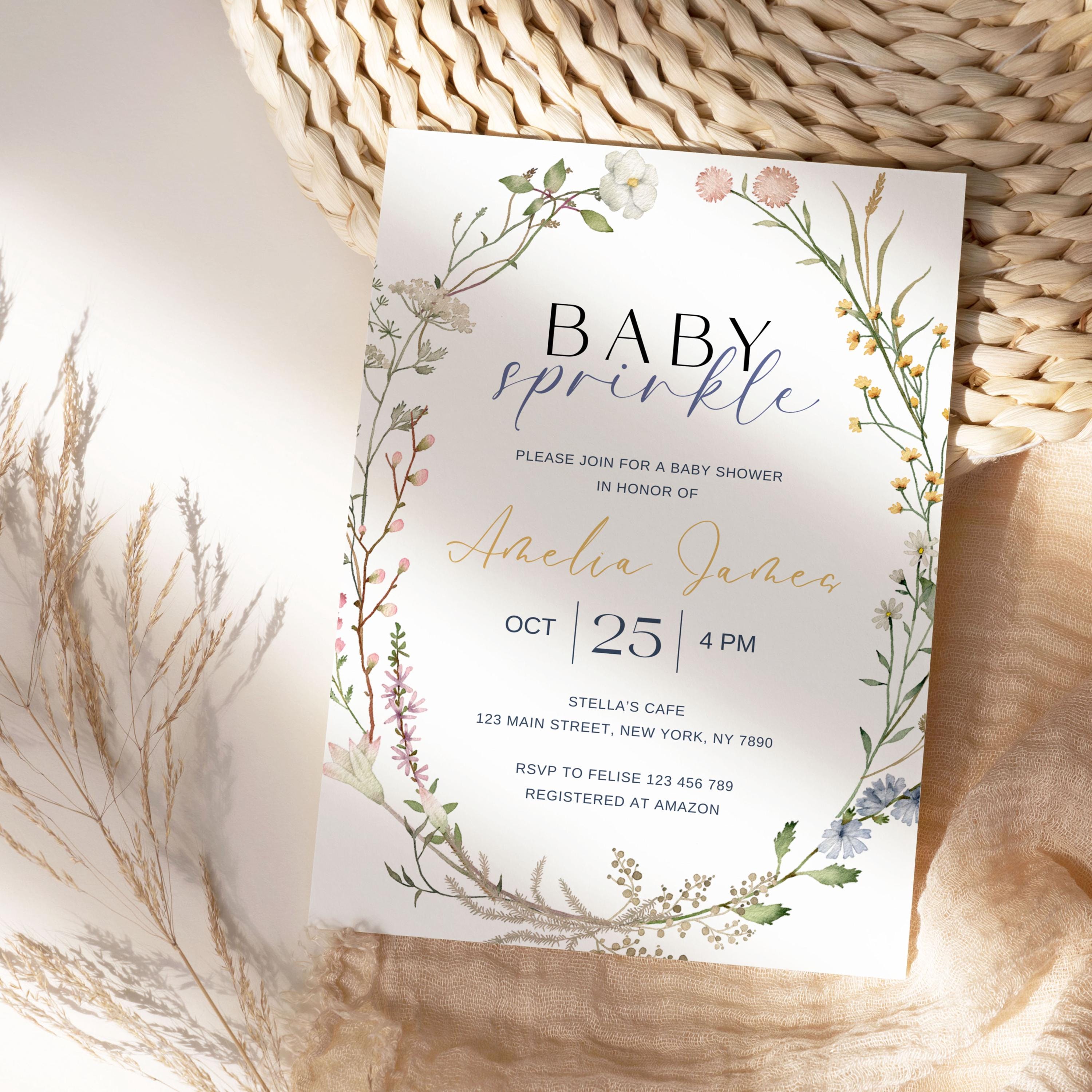 Invito per baby shower, invito per baby shower a tema fiori selvatici, invito per baby shower a tema sprinkle, invito per baby shower a tema fiori pri