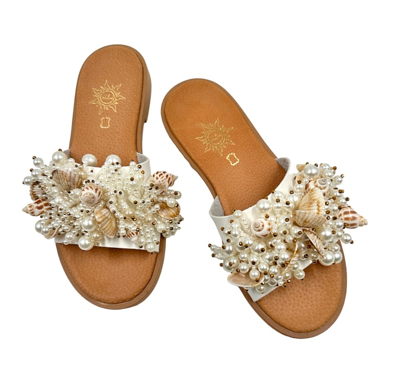 Sandali con perline bianche, sandali con conchiglie, sandali slip-on decorati, sandali estivi, ciabatte decorate da spiaggia, sandali con perle, sanda