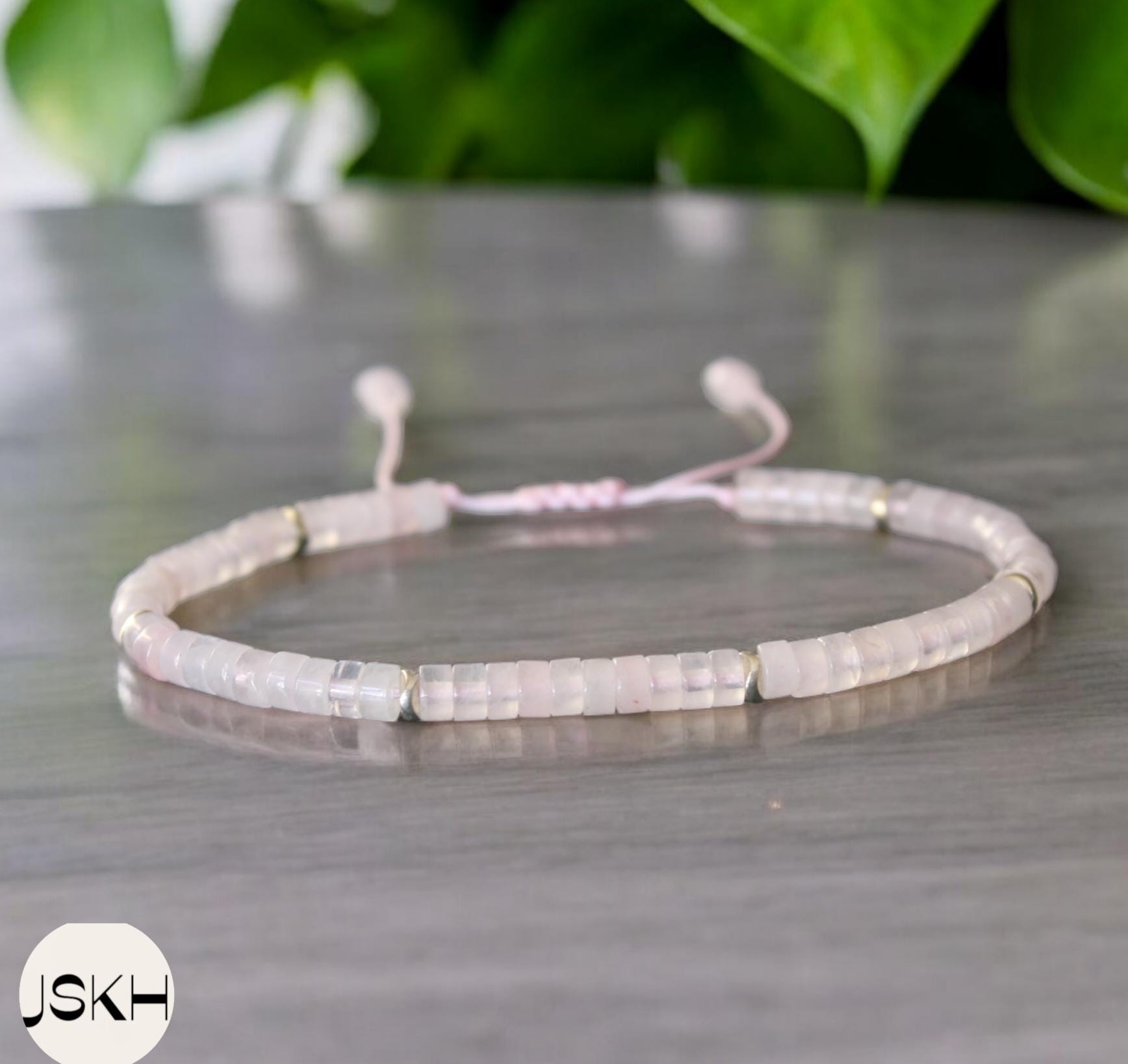 Bracciale minimalista in quarzo rosa naturale, bracciale con perline di quarzo rosa da 4 mm, bracciale con perline sottili, bracciale regolabile con c
