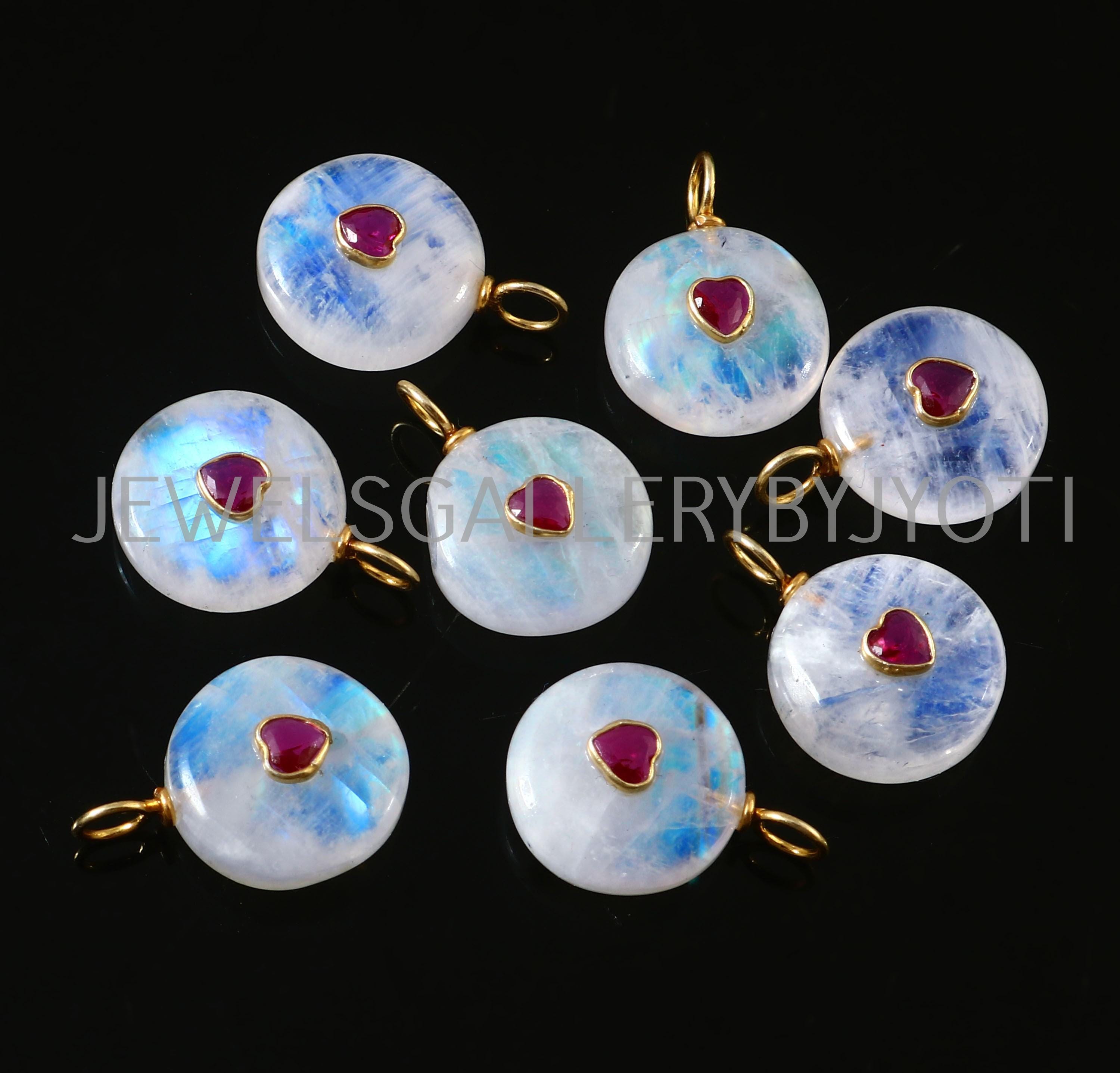 1/2 pezzi ciondolo in argento sterling con pietra di luna arcobaleno, forma rotonda e liscia, ciondolo con pietra preziosa intarsiata, ciondolo in pie