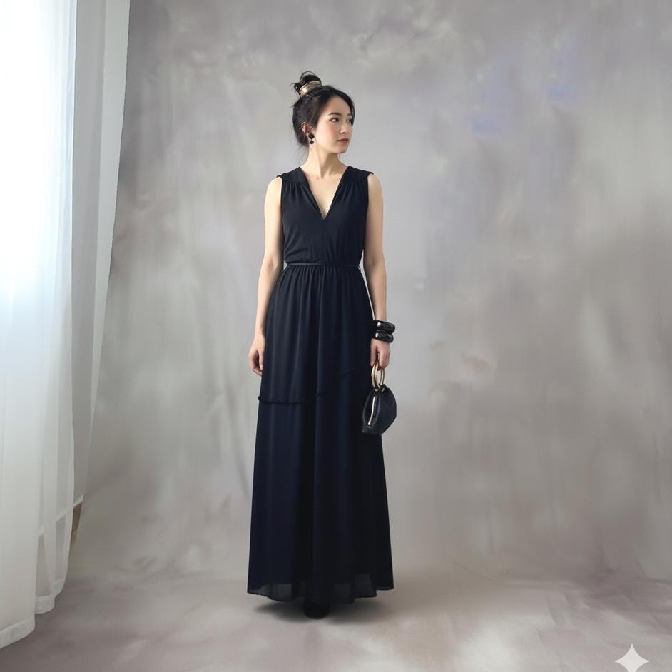 Abito lungo nero vintage anni '70, abito lungo boho nero anni '70 con scollo a V e gonna a strati con volant, abito elegante vintage elasticizzato sen