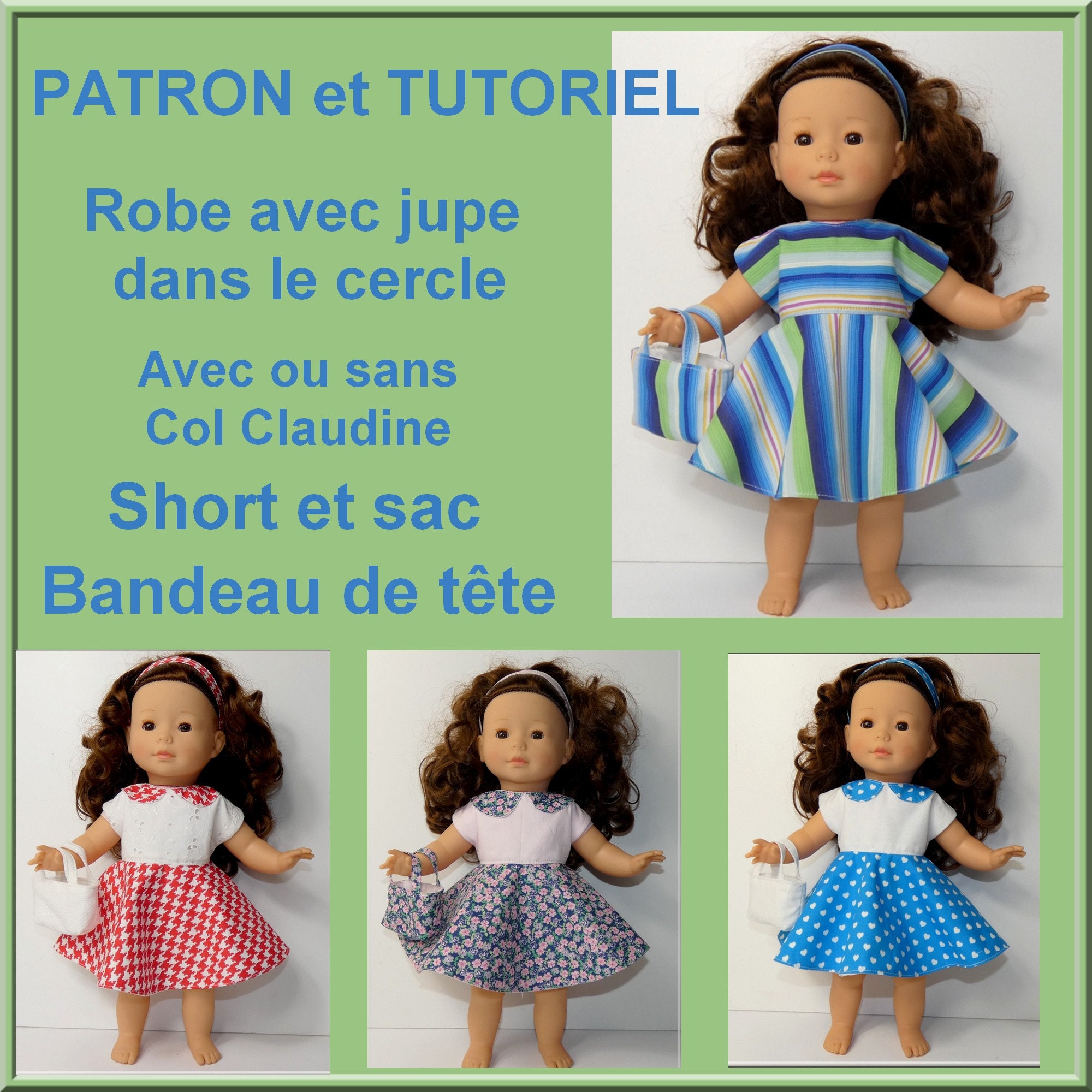 Cucito fai da te bambola Ma Corolle 36 cm: abito gonna a cerchio, pantaloncini, borsa e fascia per capelli, cucito per bambola Ma Corolle 36 cm