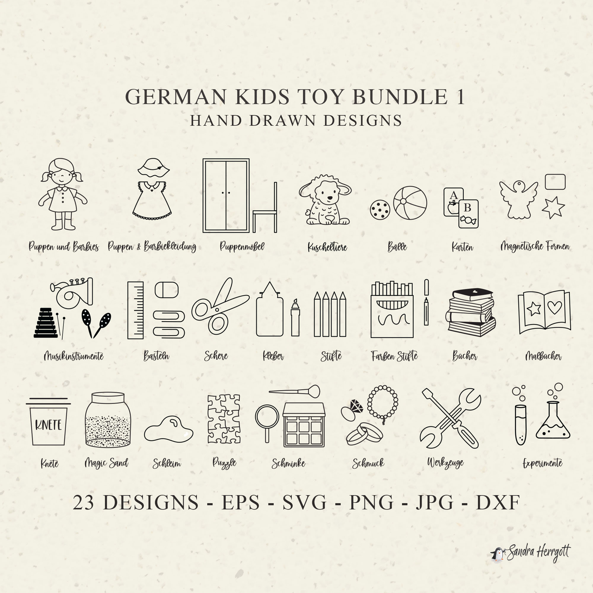 Giocattoli tedeschi Plotter File SVG DXF PNG Vestiti per bambole Cricut Craft Supply Silhouette Puzzle Magic Sand Tools Strumento musicale Palla Carta