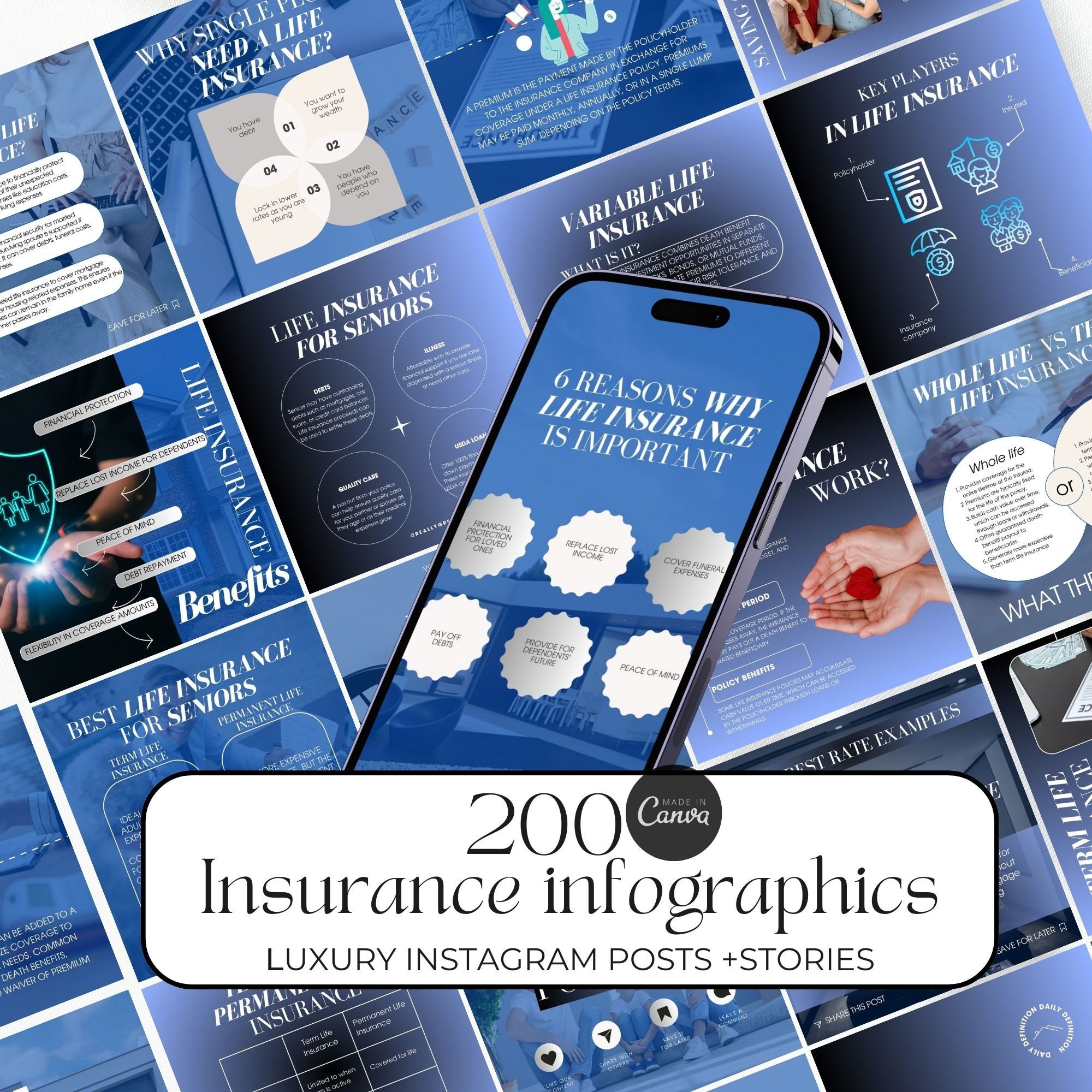 200 modelli Instagram per agenti assicurativi, post Instagram per assicurazioni sulla vita, modello Canva per broker assicurativi, modello di infograf