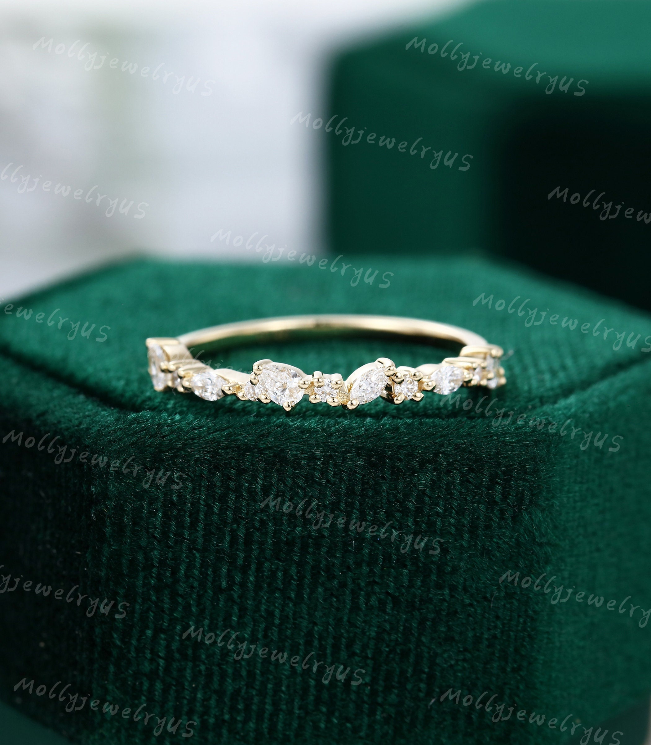 Fede nuziale unica da donna, fede nuziale vintage in oro giallo con moissanite/diamante, mezza eternità, taglio marquise, a forma di pera, impilabile,