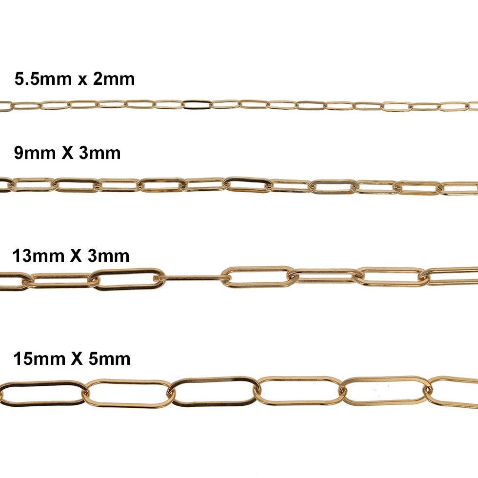 1 piede - Catena a graffette, quattro diverse misure, 2 mm x 5,5 mm, 3 mm x 9 mm, 3 mm x 13, 5 mm x 15, maglia rettangolare appiattita dorata, catena