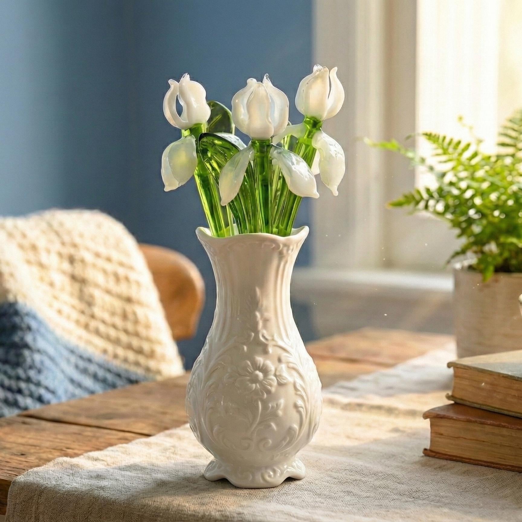 Fiori di iris in vetro, bouquet di fiori in vetro, fiore di nascita di febbraio, fiore di nascita in vetro soffiato, regalo per sempre con iris, regal