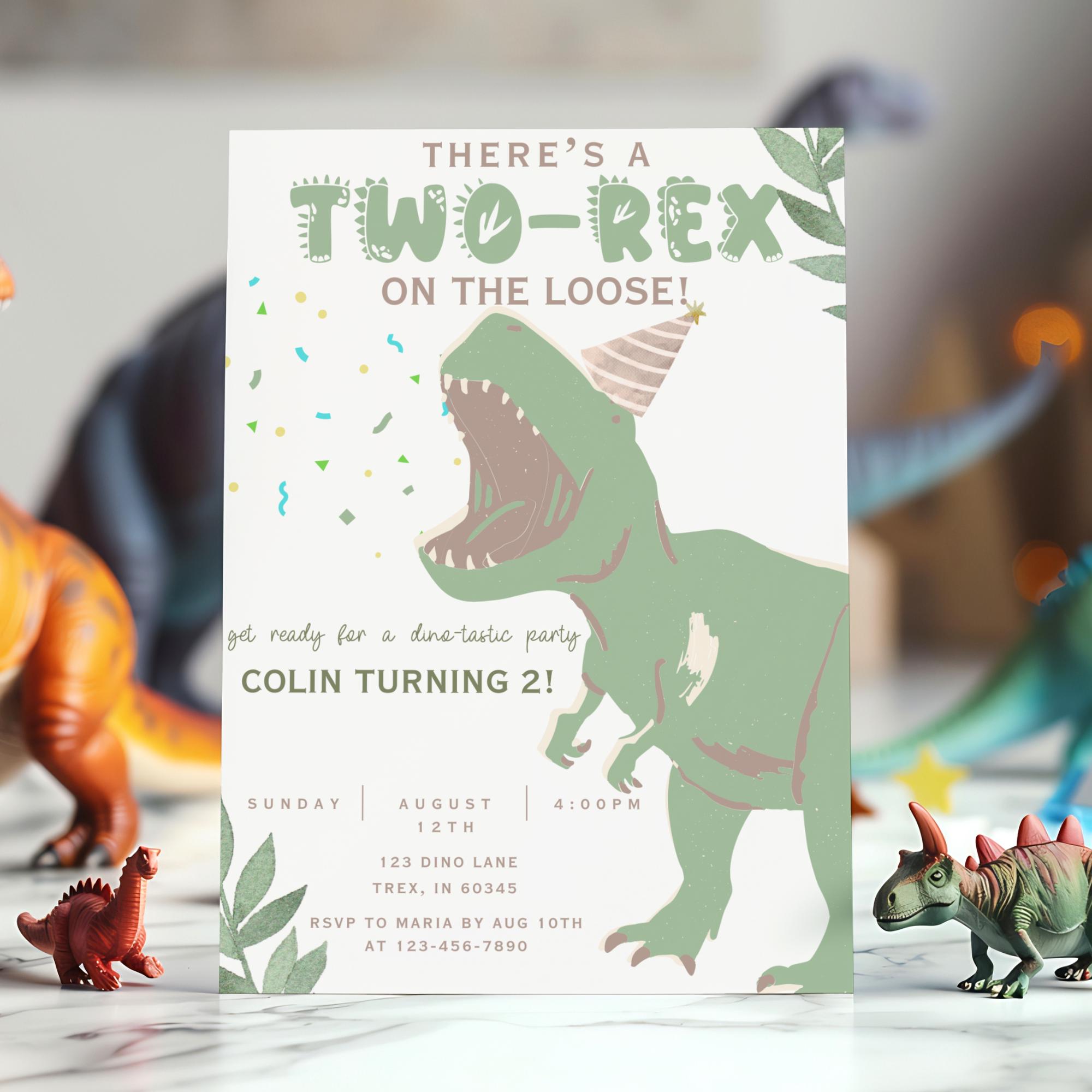 Invito di compleanno a tema dinosauri, invito di compleanno a tema due Rex, festa di compleanno per secondo compleanno di un bambino a tema dinosauri,
