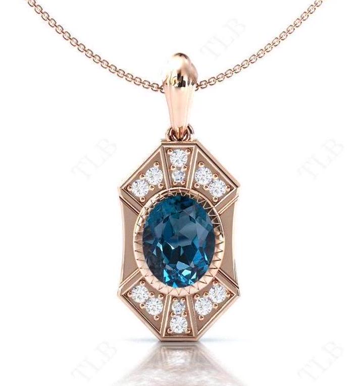 Collana da sposa in oro rosa con ciondolo in topazio blu di Londra, ciondolo con pietra preziosa blu taglio ovale, ciondolo antico da sposa, ciondolo