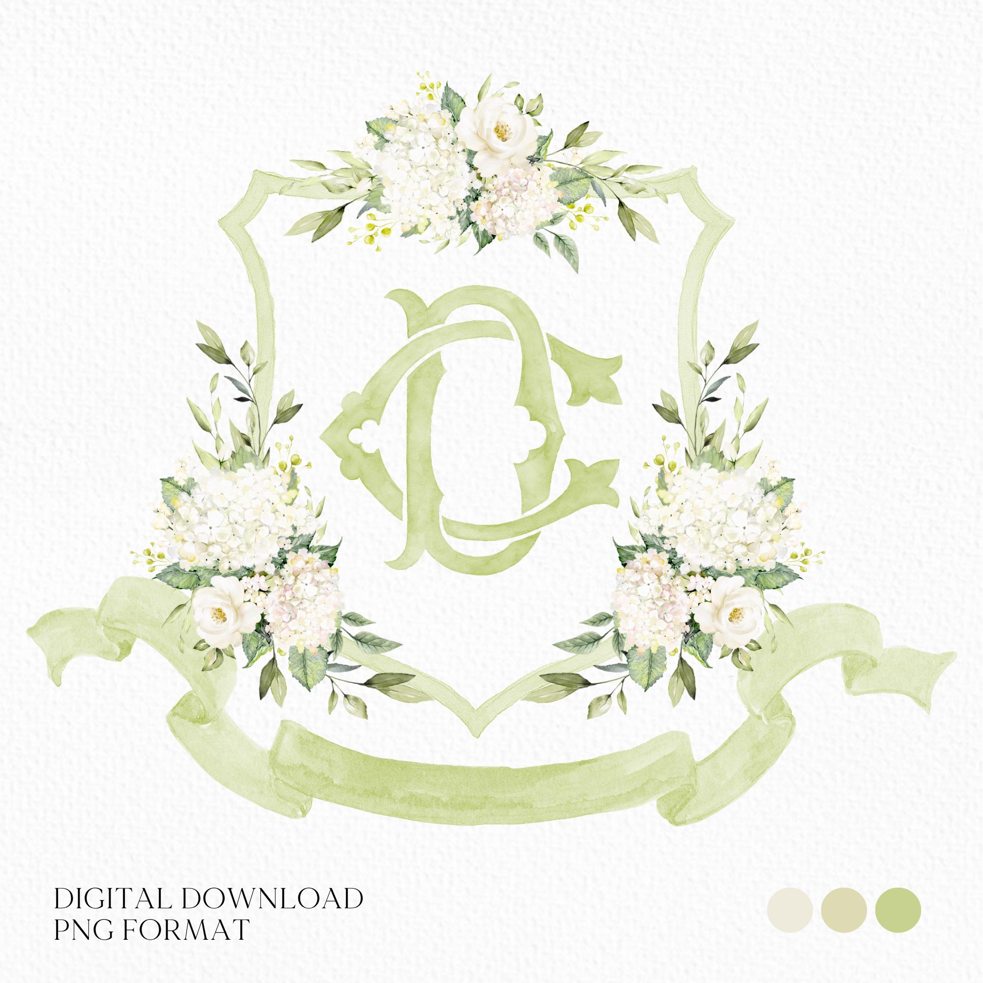 Stemma nuziale con fiori di ortensia bianca - Stemma monogramma - Stemma nuziale con fiori di ortensia di lusso in acquerello - Stemma nuziale romanti