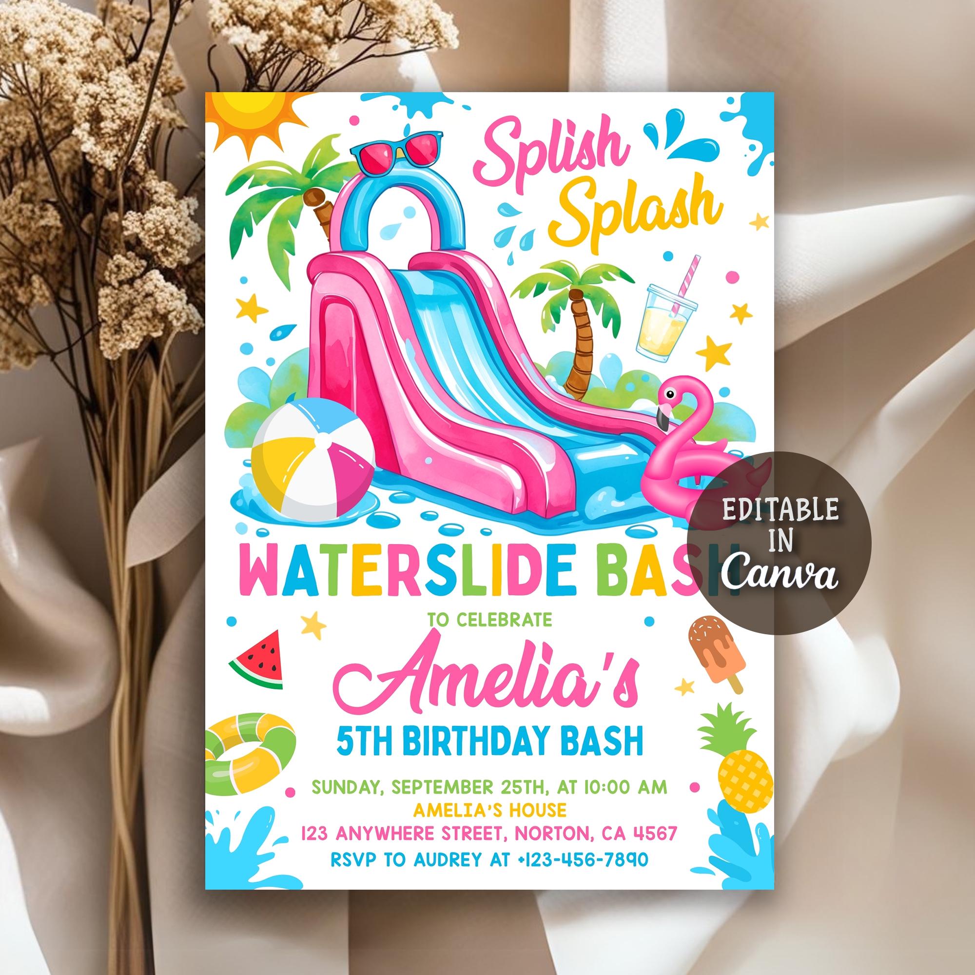 Invito di compleanno con scivolo d'acqua, invito con scivolo d'acqua, festa con scivolo d'acqua, festa estiva in piscina, invito per festa con scivolo