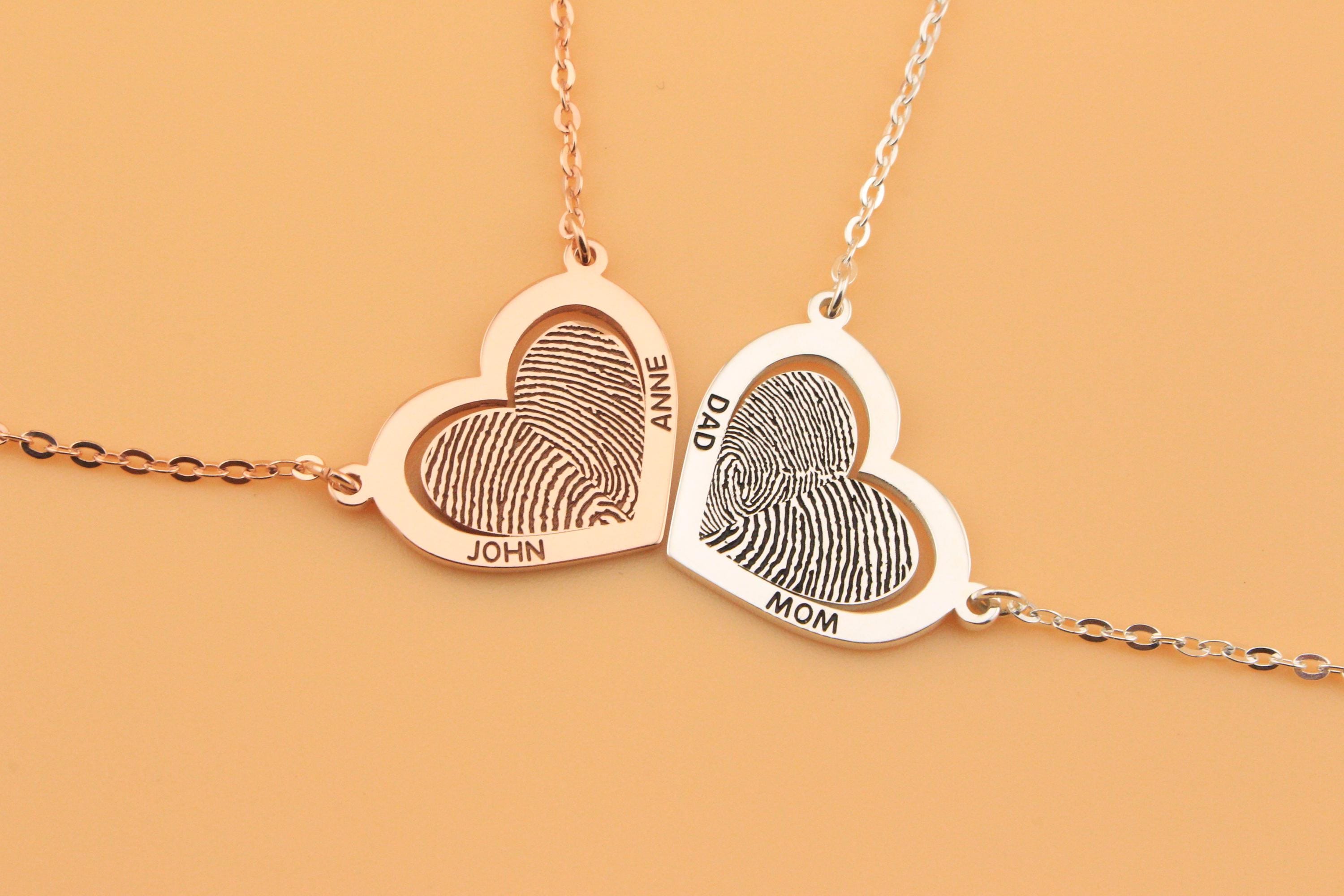 Collana con cuore con doppia impronta digitale incisa - Collana con scrittura a mano personalizzata - Collana con impronta digitale reale - Collana co