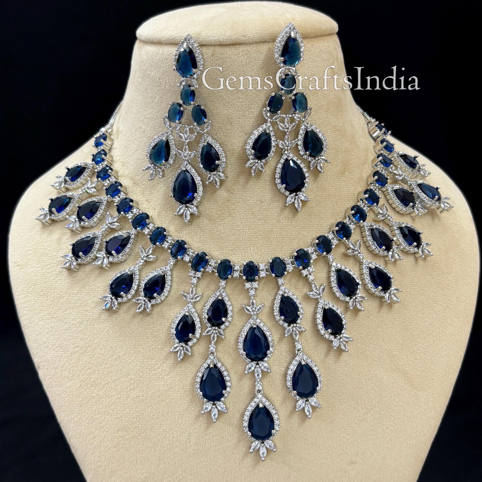 Set di collana con diamanti CZ/Set di collana e orecchini con diamanti americani/Collana da sposa indiana/Collana da sposa in argento/Gioielli pakista