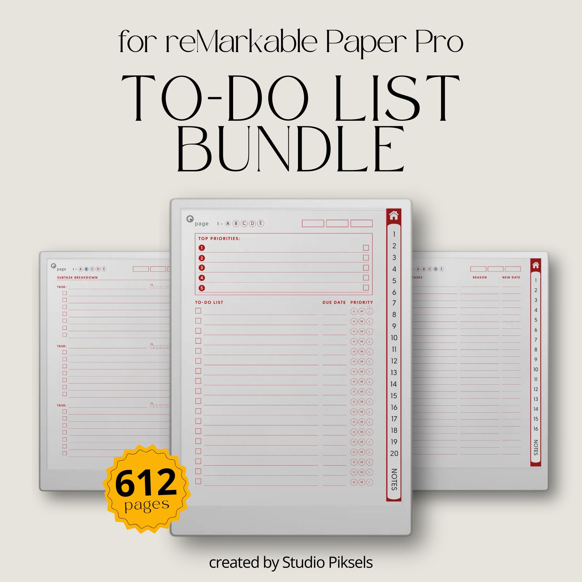 Pacchetto completo XL To Do List per reMarkable Paper Pro: modelli di liste di cose da fare, tracker delle attività, modelli di checklist, quaderno pe