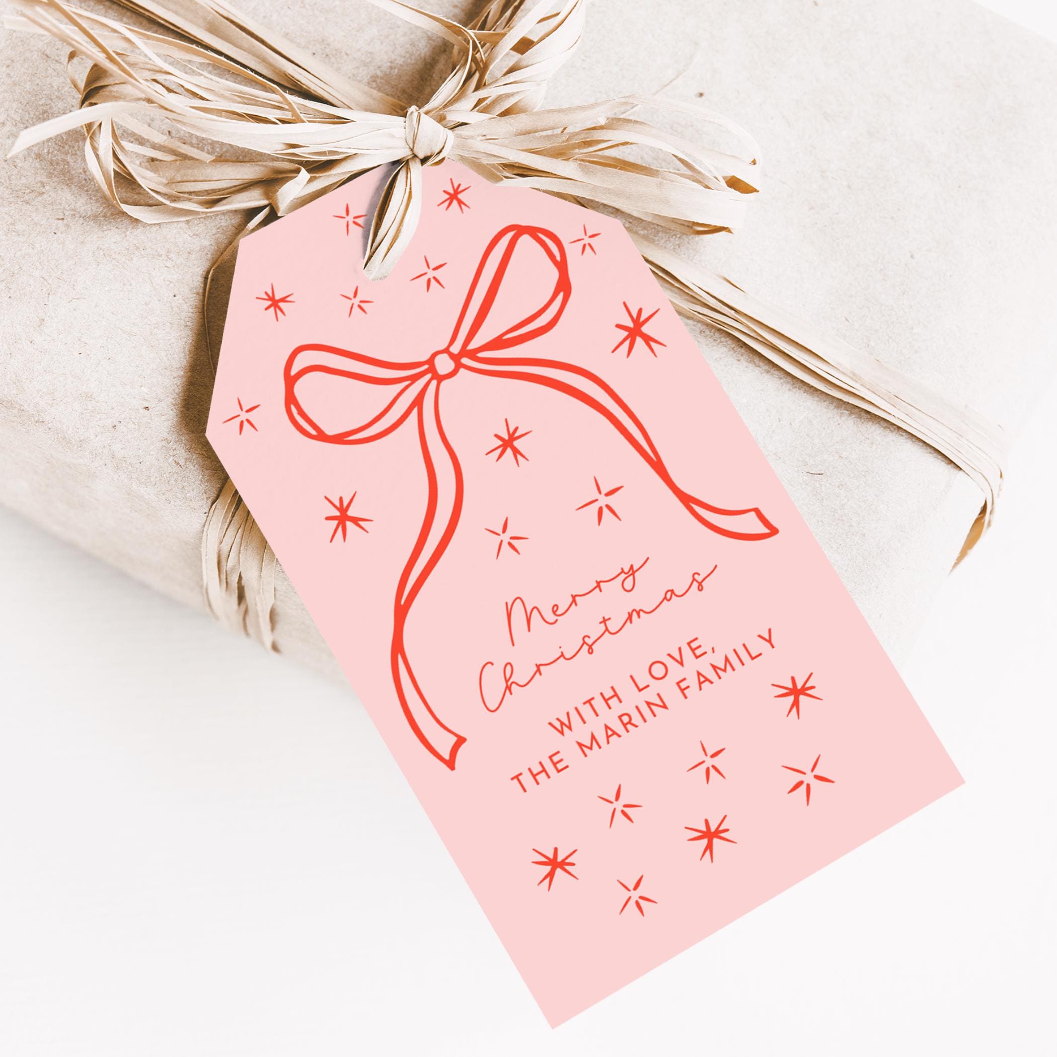 Etichette regalo di Natale con fiocco rosa rosso stampabili, modello modificabile, etichette regalo per le feste, etichette di buon Natale, etichette