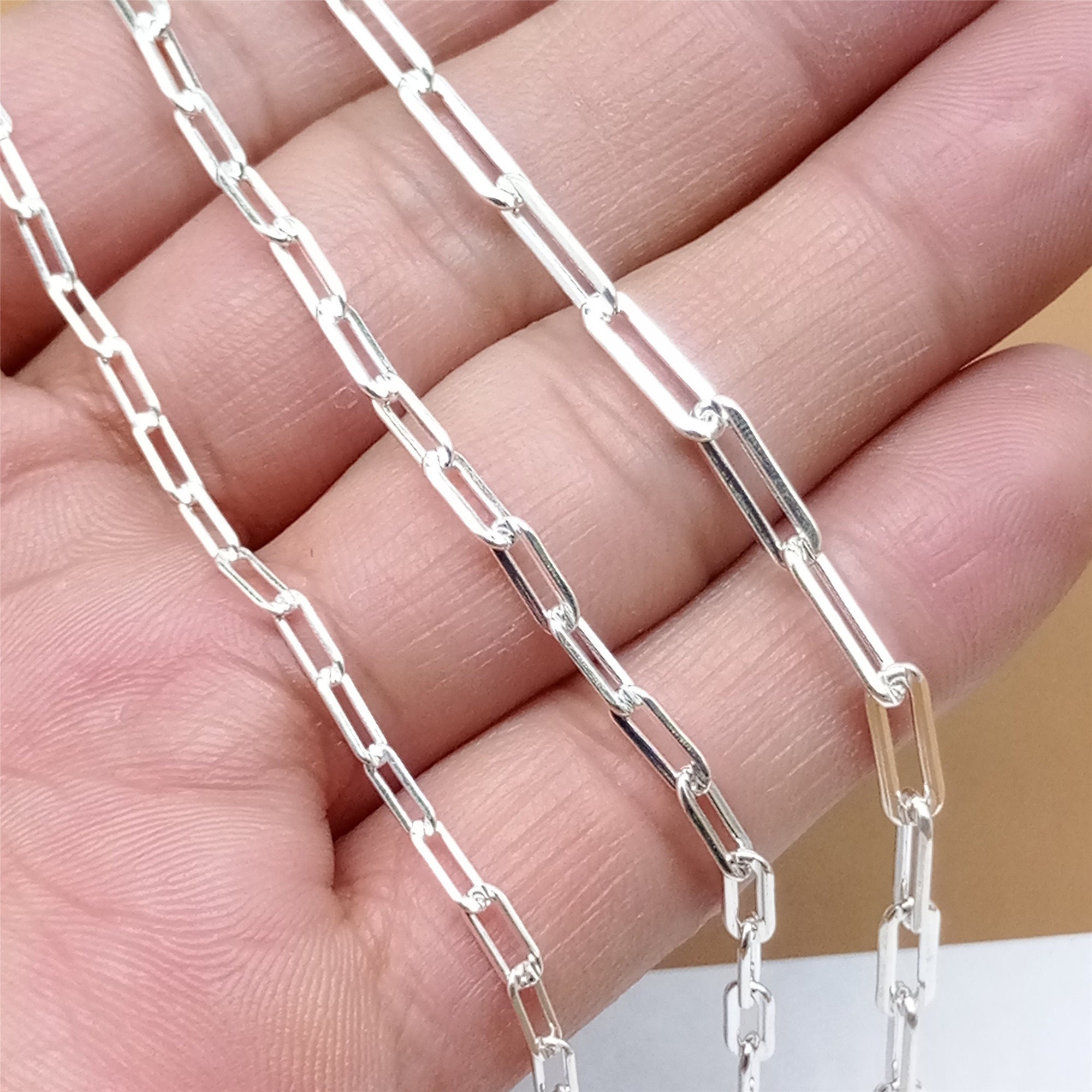Catena a maglie rettangolari in argento Sterling, catena a graffetta non rifinita, catena a graffetta in argento 925, catena a maglie rettangolari da