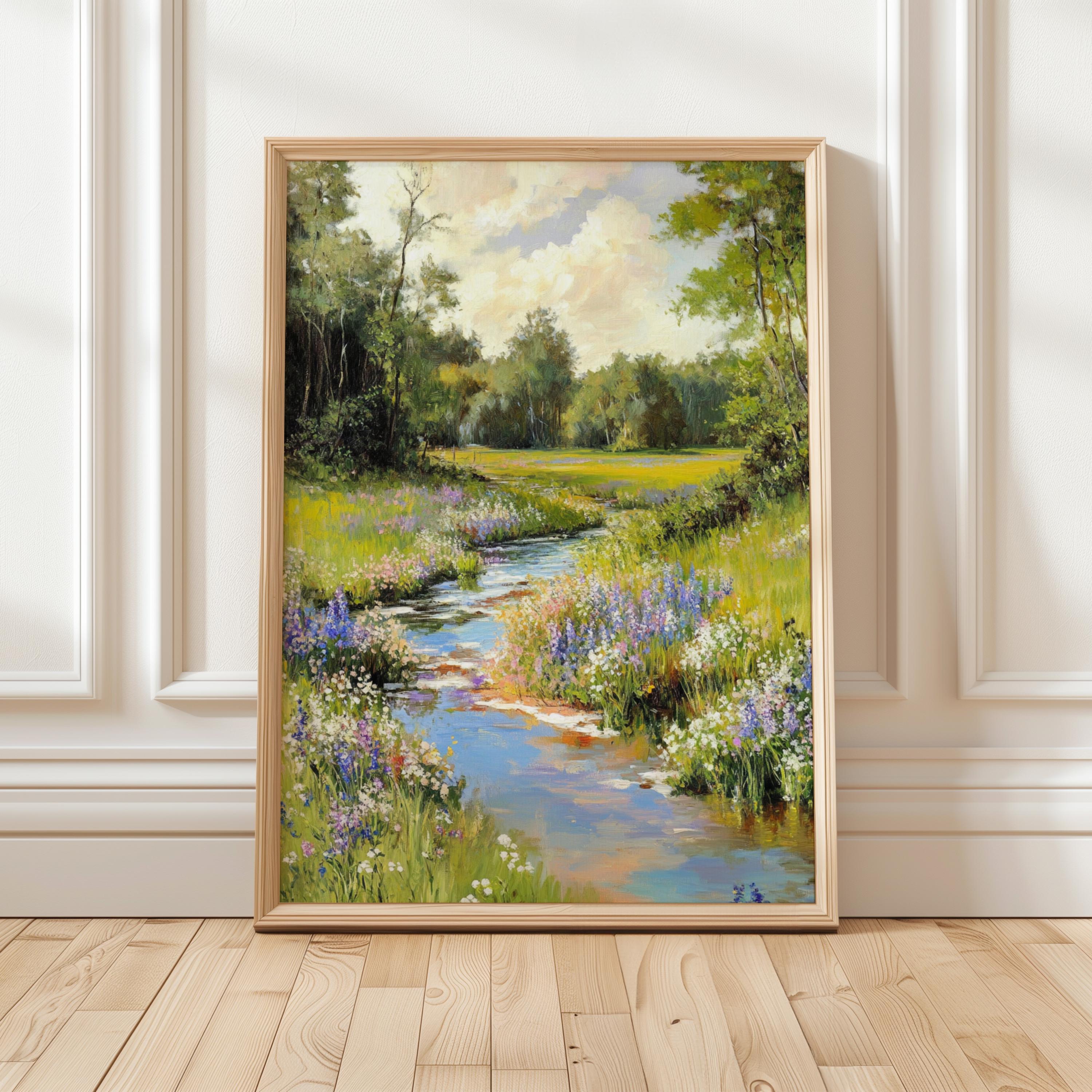 Dipinto di un prato fiorito: paesaggio sereno con ruscello (download digitale)