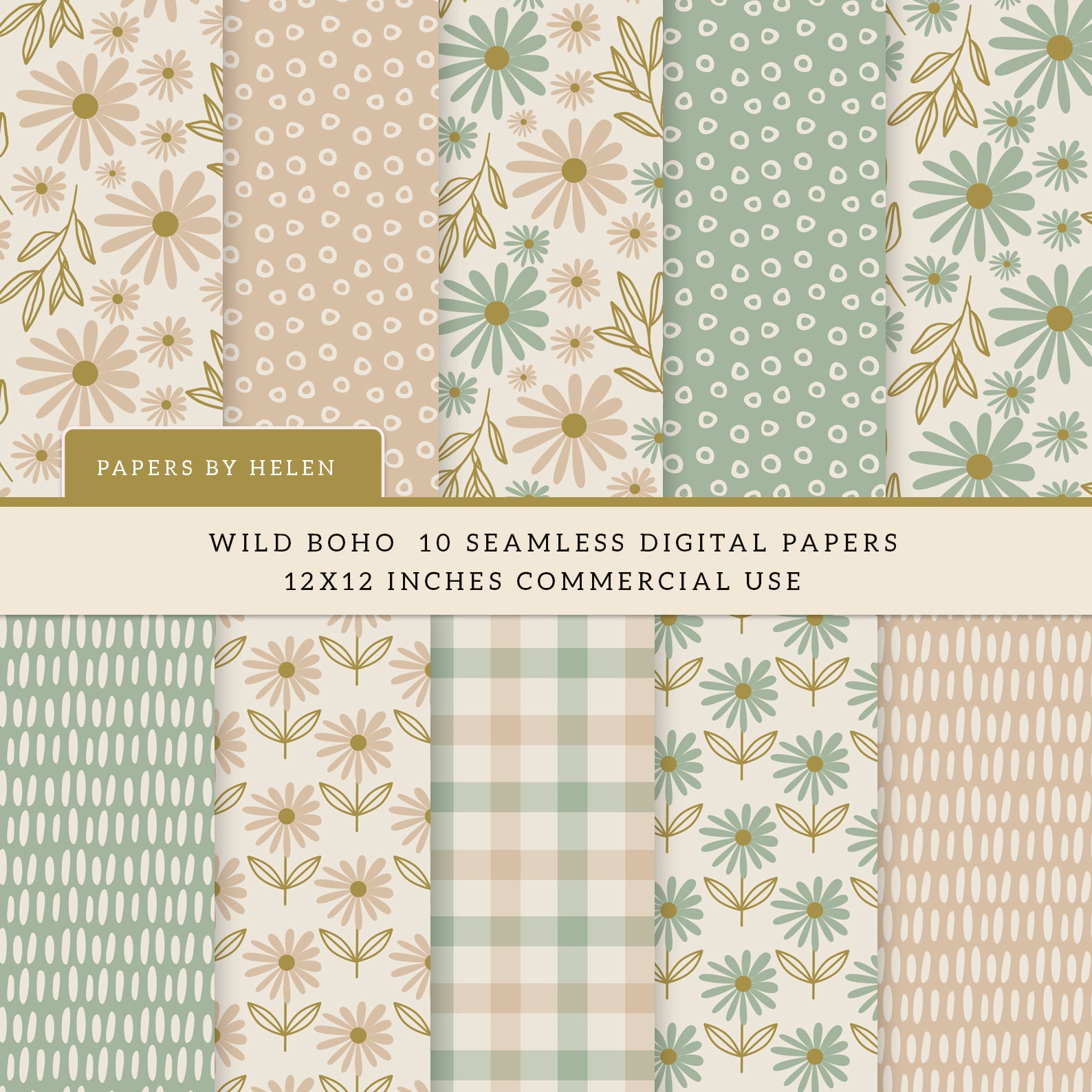10 carte digitali senza cuciture Boho, Wild Boho, modelli digitali, carta digitale per uso commerciale, modelli Boho, Wild Boho 02