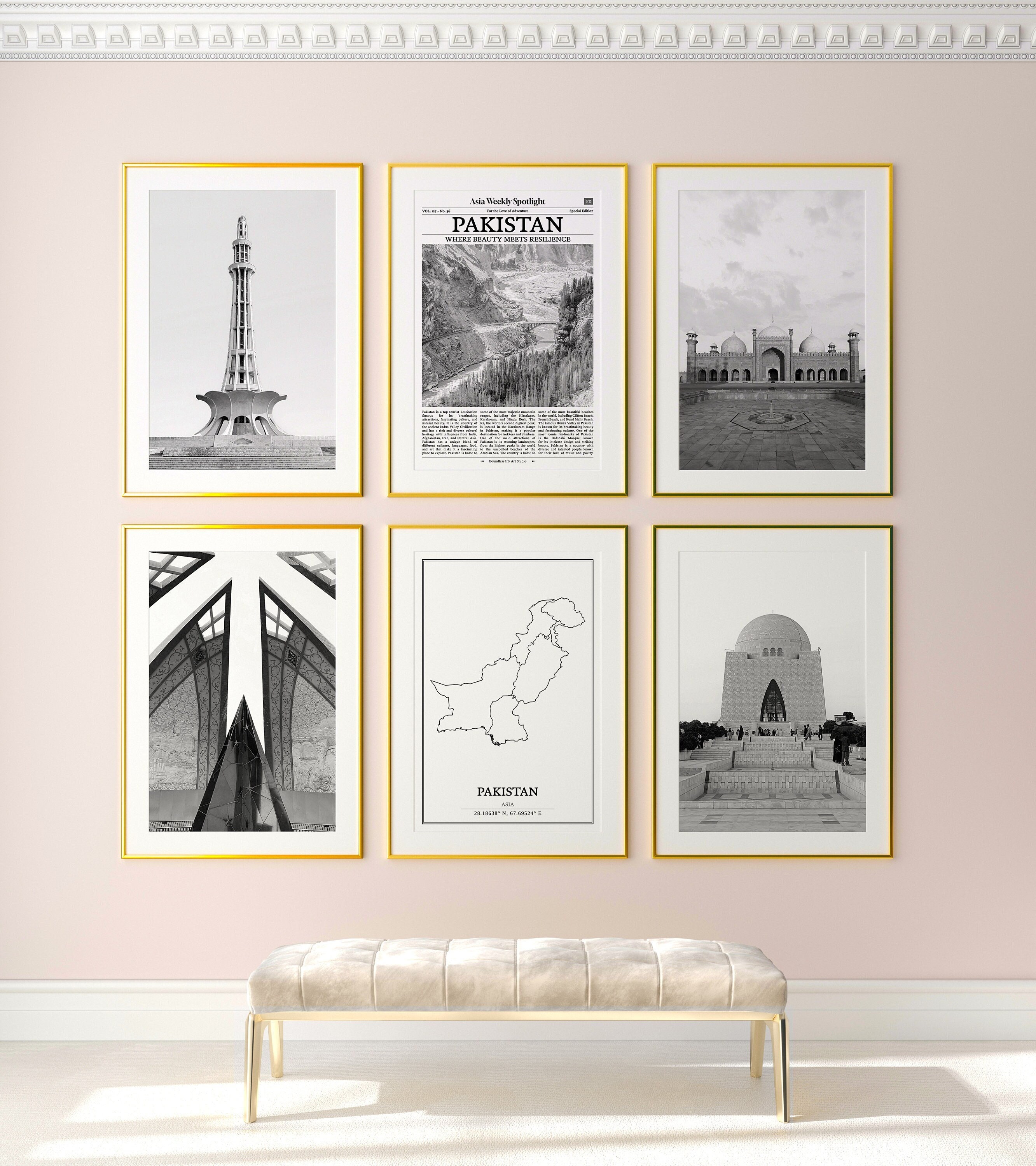 Set di 6 stampe del Pakistan, stampe in bianco e nero del Pakistan, poster fotografico del Pakistan, arte murale del Pakistan, mappa del Pakistan, Pak