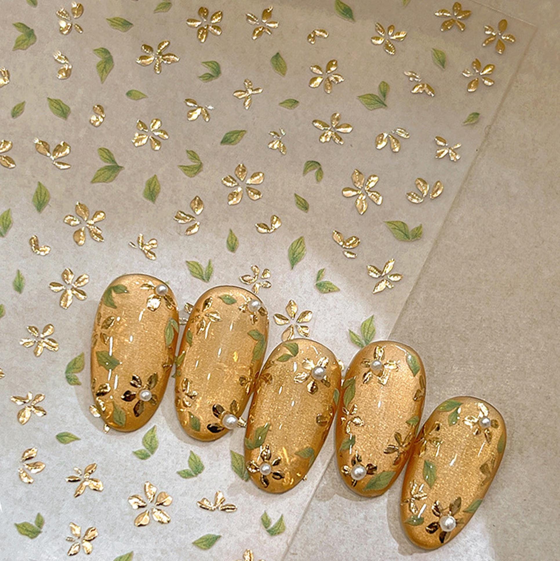 Adesivi per unghie 3D con fiori e foglie dorate, decalcomanie floreali per nail art, manicure fai da te, design autoadesivo per nail art, unghie fai d