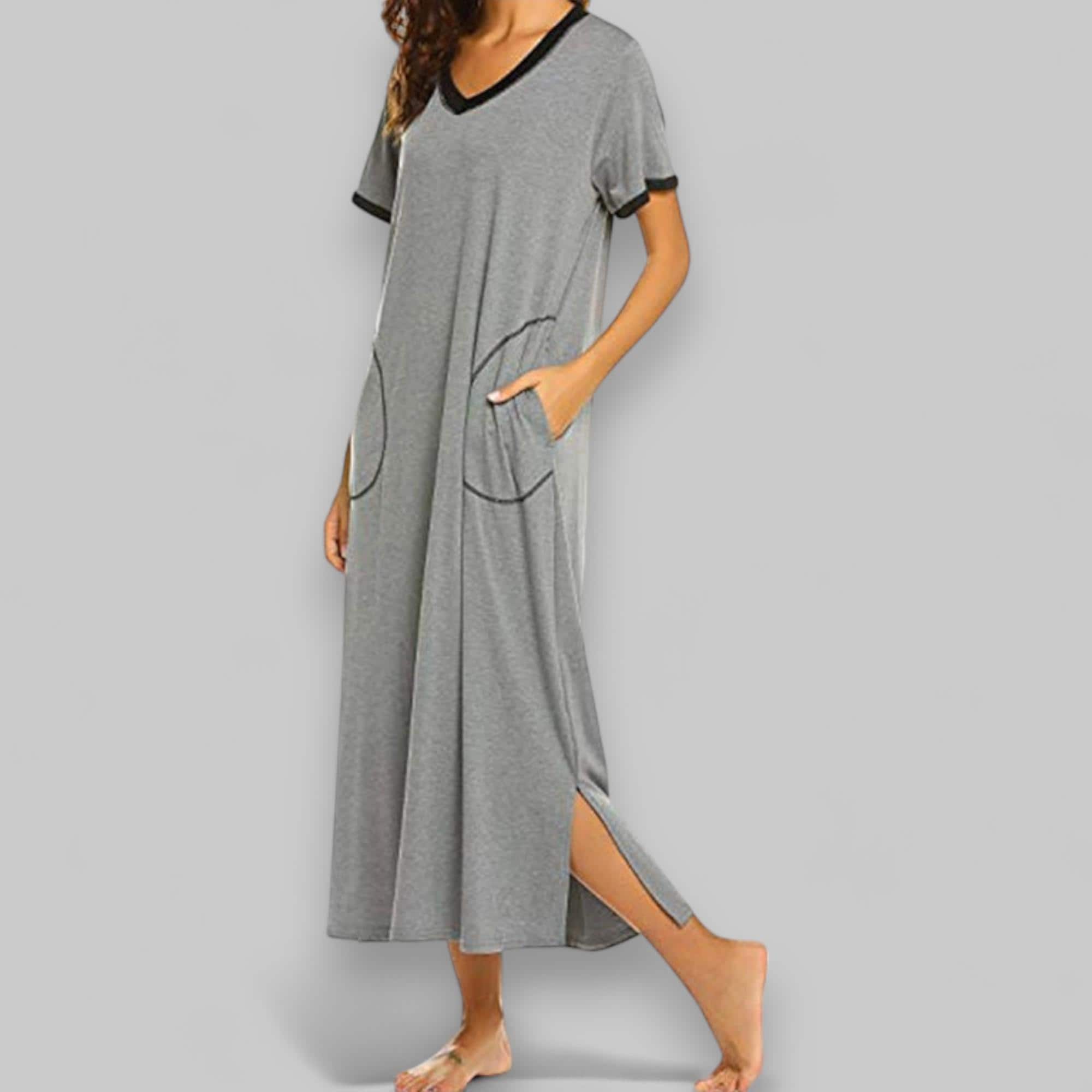 Camicia da notte lunga in cotone, abito da notte ampio con tasche, spacchi laterali e finiture a contrasto, abbigliamento da casa per donna, cotone e