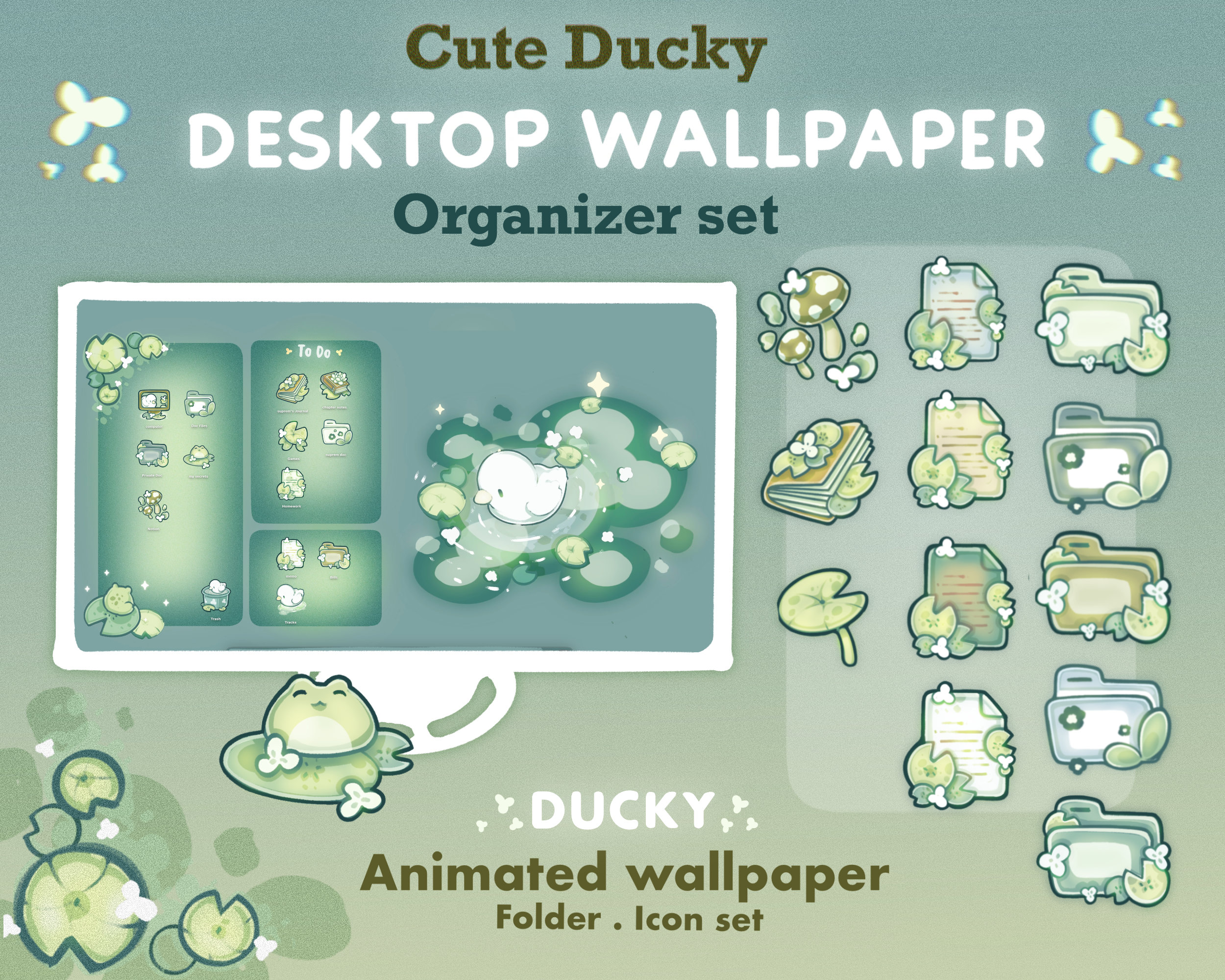 Sfondo animato con tema paperella per desktop / Organizzatore di sfondi con icone Lofi Cozy per cartelle / Organizzatore di sfondi Kawaii per desktop