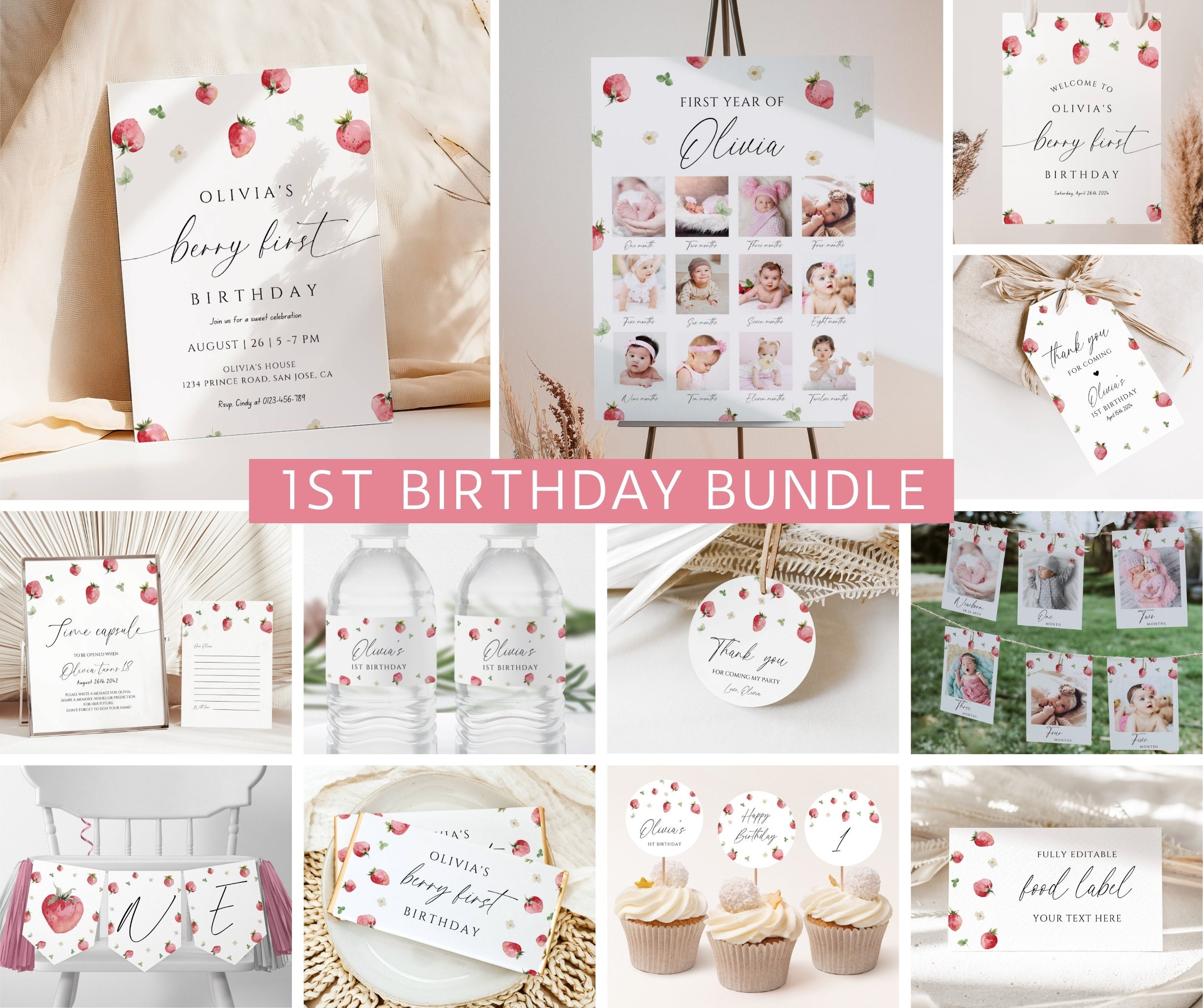 Pacchetto di inviti per il primo compleanno a tema bacche, modello di invito per il primo compleanno a tema fragole, decorazioni per il compleanno a t