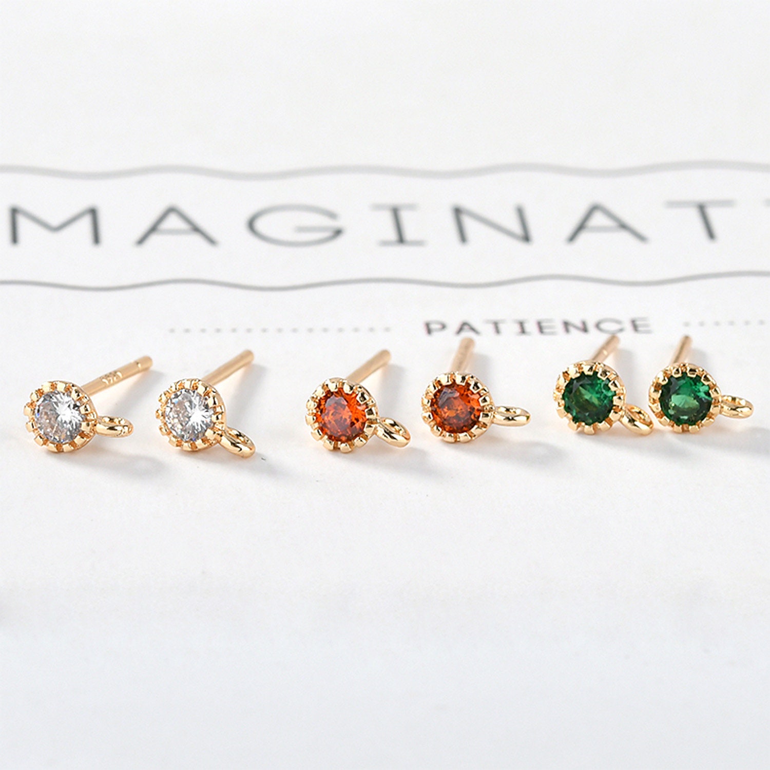 6pcs 18k vero oro placcato CZ PAVE orecchini, perno dell'orecchio, 4mm piccolo mini post orecchino, Orecchini Accessori, attaccamento, 925 Sterling Si