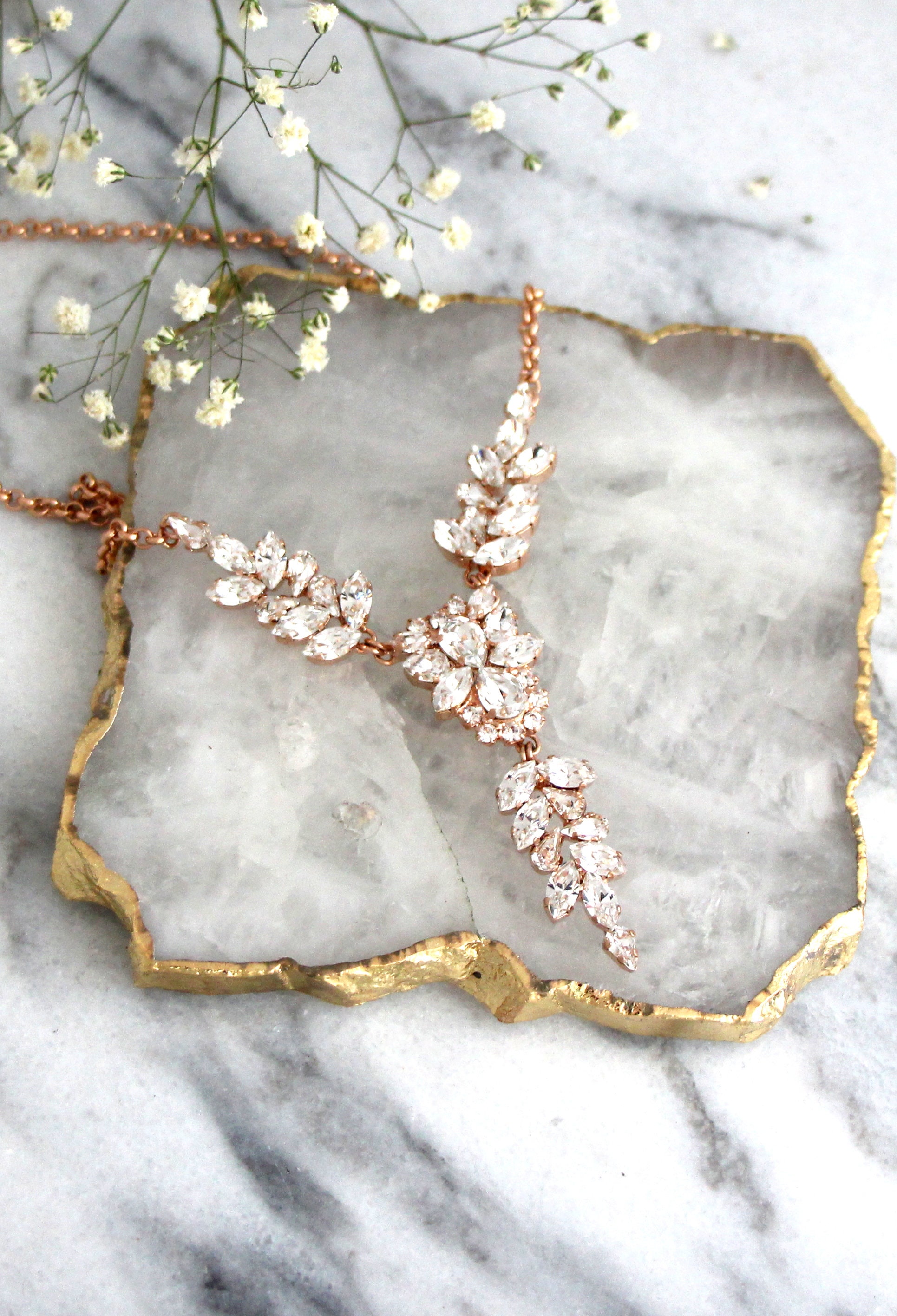 Collana da sposa, collana da sposa in cristallo, collana in oro con cristalli, collana da sposa in oro rosa, gioielli da sposa, collana da sposa con g