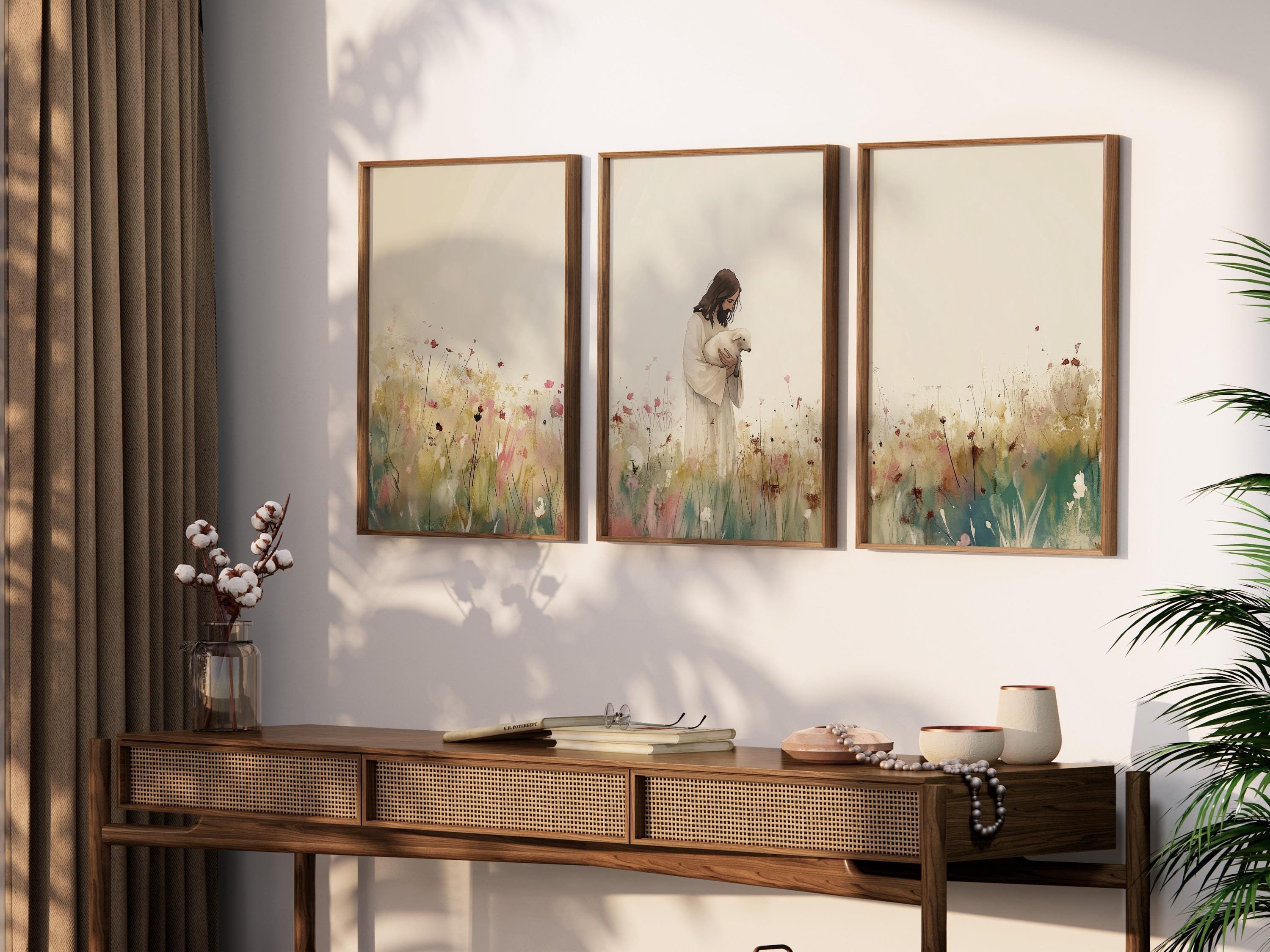 LakelzDecor Gesù e la pecora smarrita su un campo di fiori colorati, set di 3, decorazione con stampa LDS, preghiera biblica, pastore della fede crist