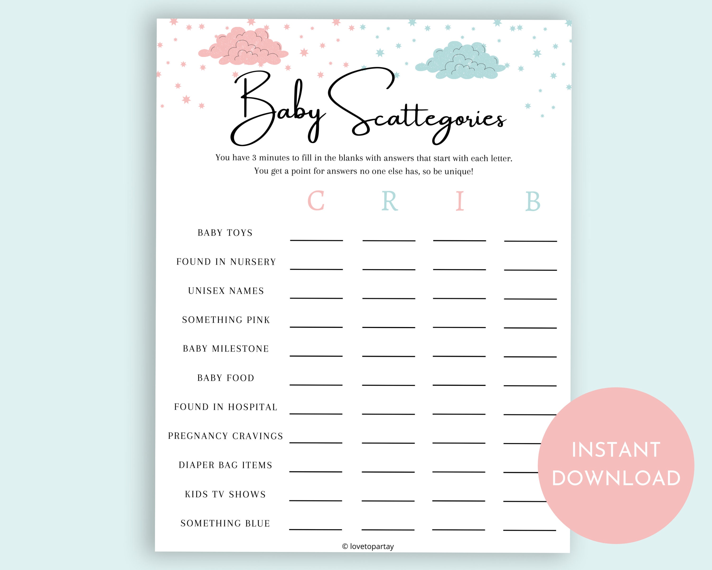 Scattergories per baby shower, giochi virtuali per baby shower, giochi per baby shower in quarantena, giochi per baby shower stampabili, idee per baby