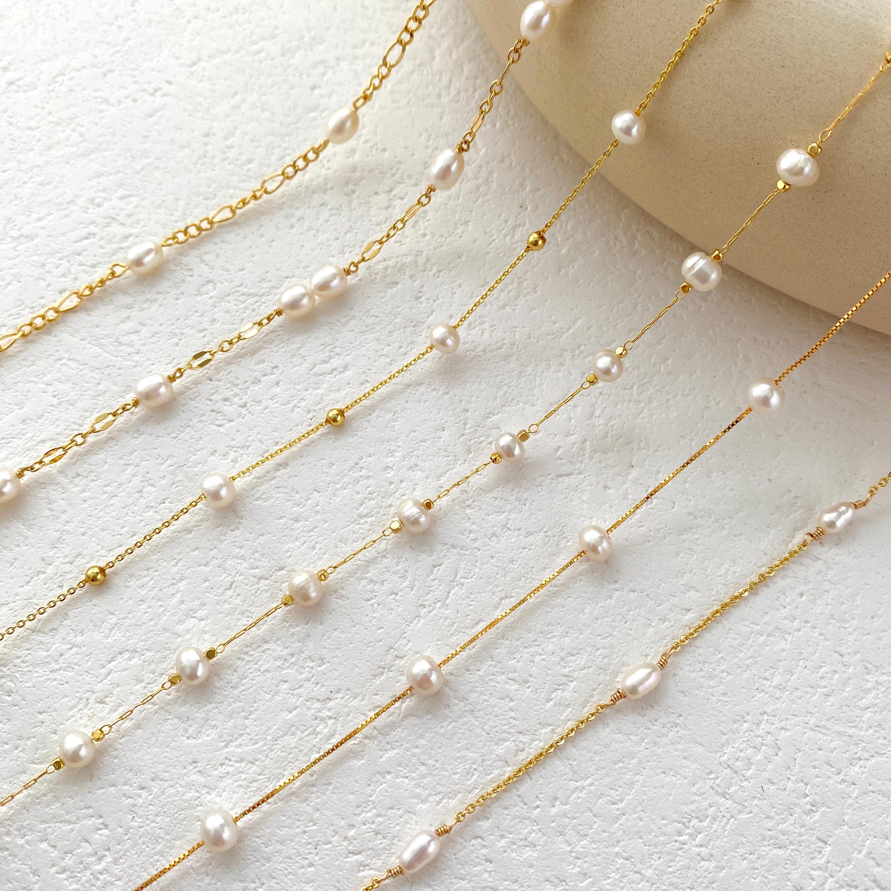 Delicata collana di perle d'acqua dolce naturali, collana di perle con catena in oro, girocollo di perle, collana di perle multiple, collane da sposa,