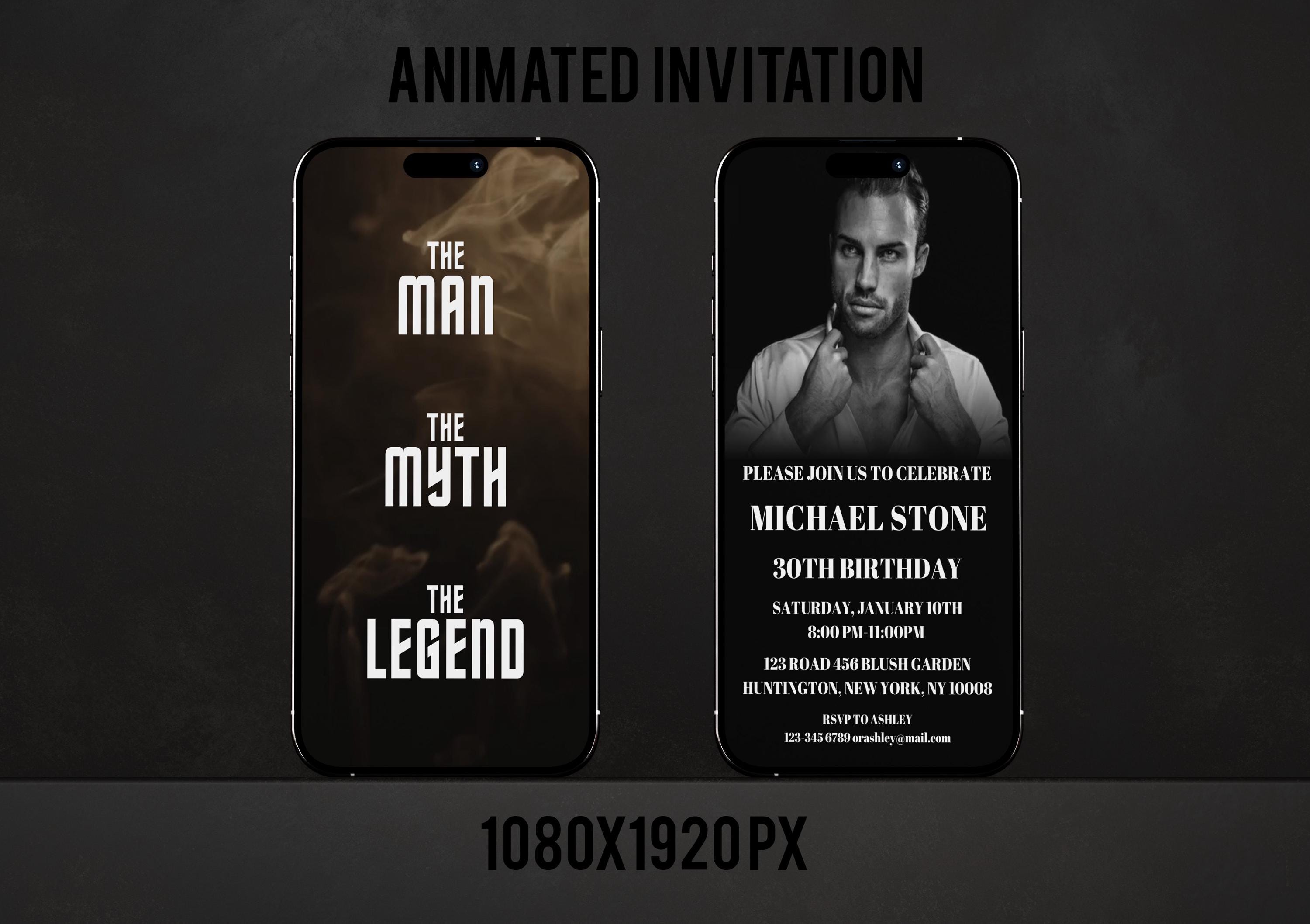 Invito di compleanno animato per uomini, l'uomo, il mito, la leggenda, invito per uomini con foto, invito digitale, AABVI