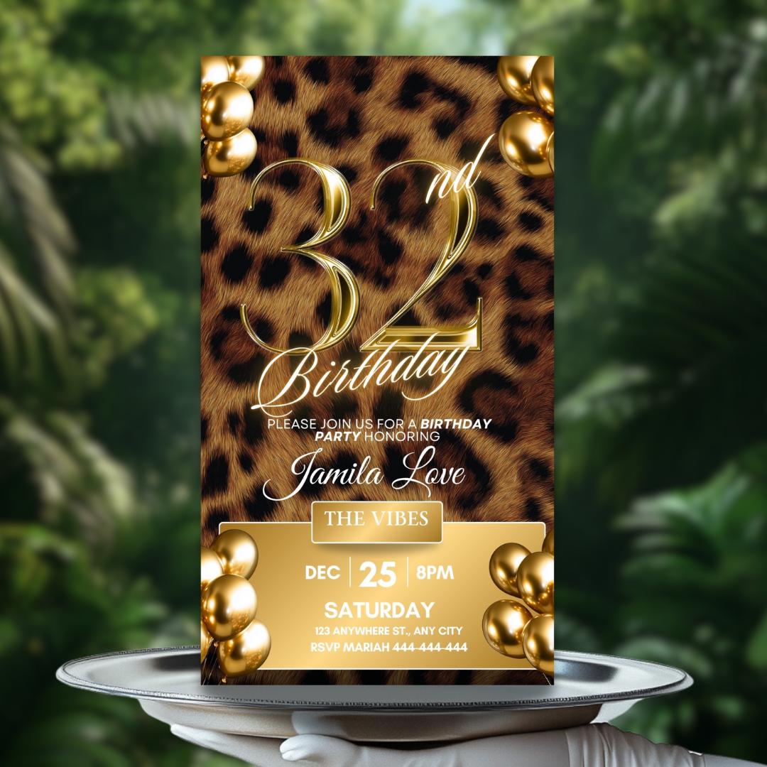 "Invito a cena per il 32o compleanno con stampa leopardata, invito per festa con stampa ghepardo, safari glamour \"Let's Get Wild\", modello di invito di"