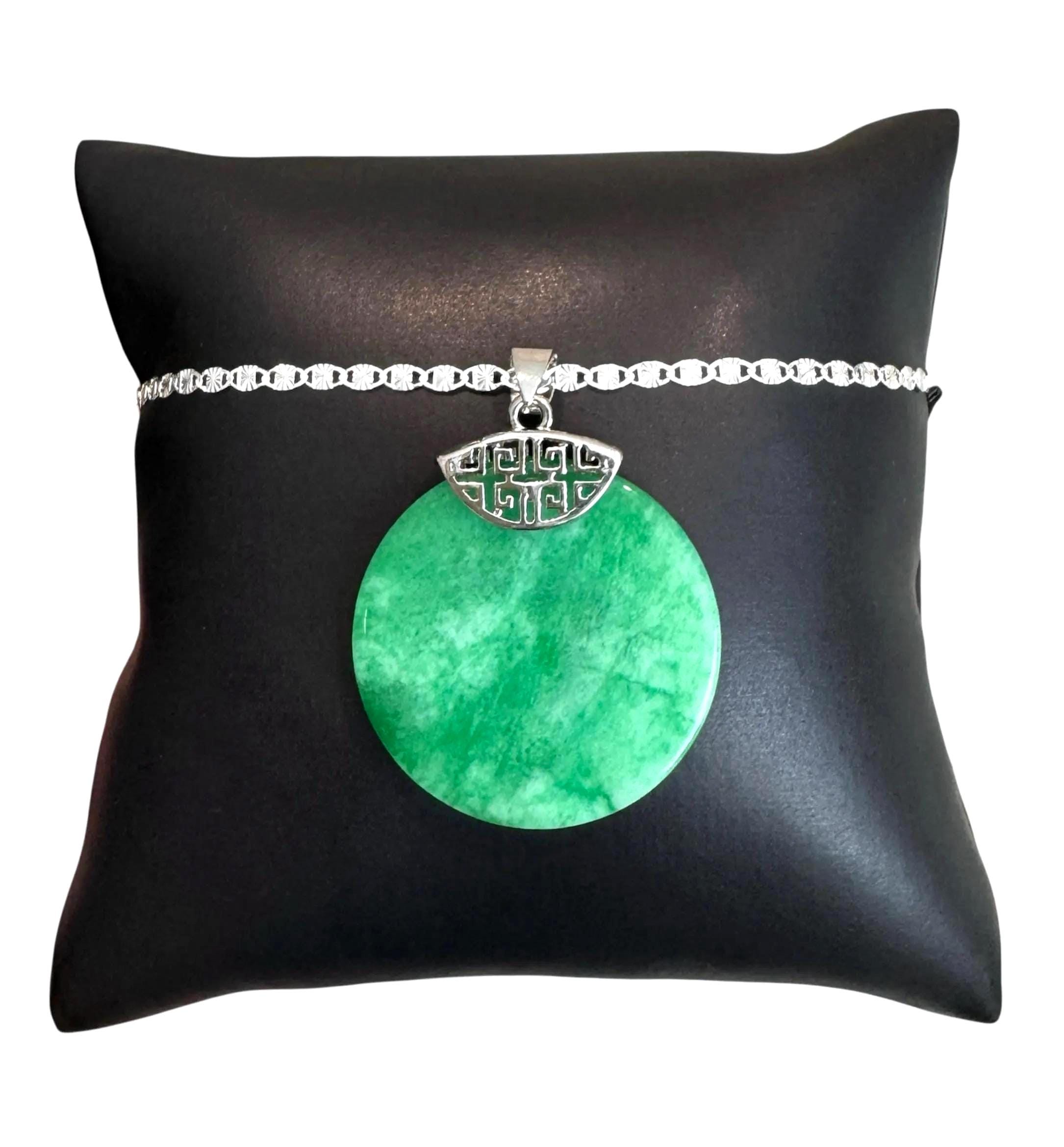 Collana in giada argentata, ciondolo a cerchio in giada verde, giada portafortuna, ciondolo in giada argentata, collana in giada da donna, collana in